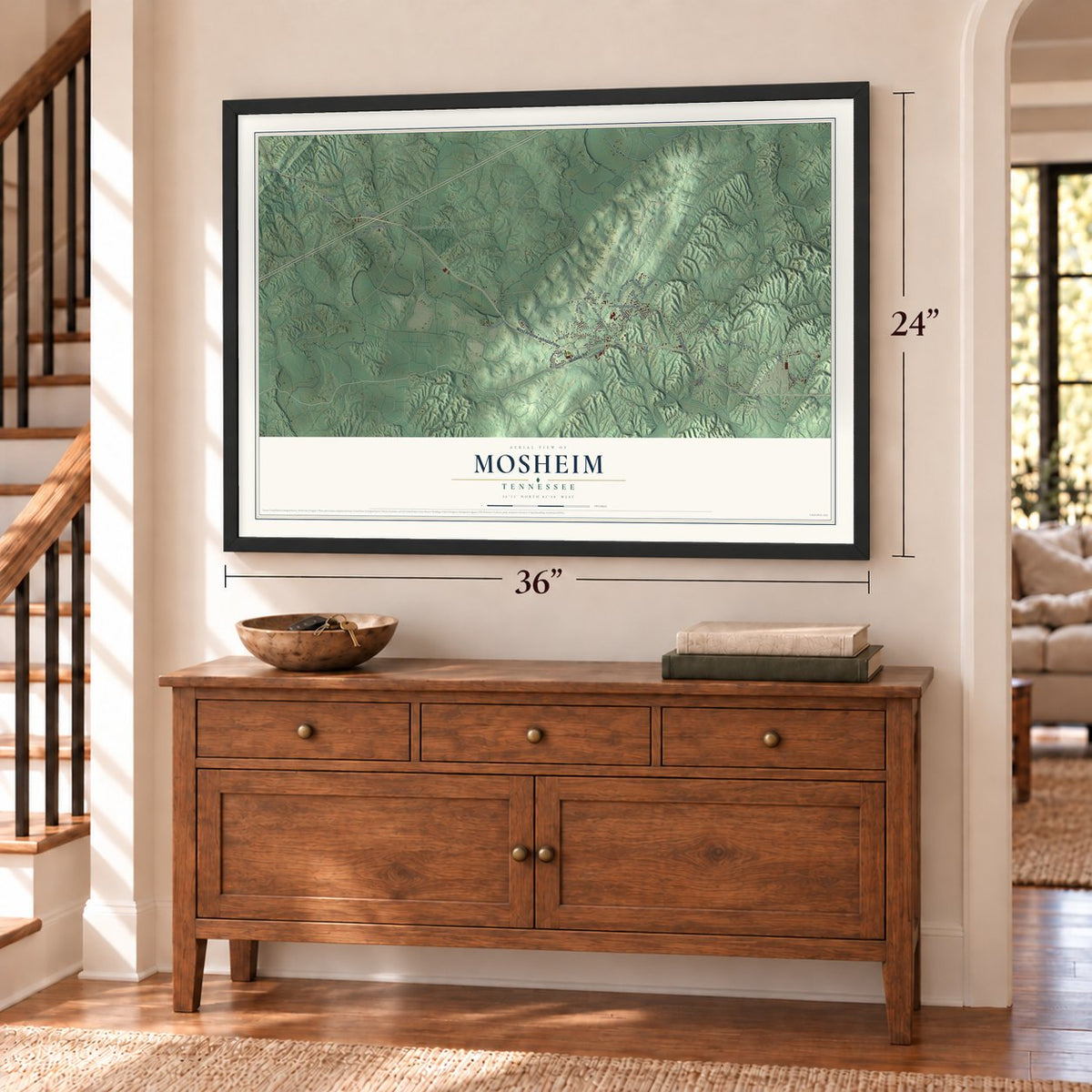 Mosheim, Tennessee map, 24 x 36 inch print in a black frame above a dresser by a staircase
