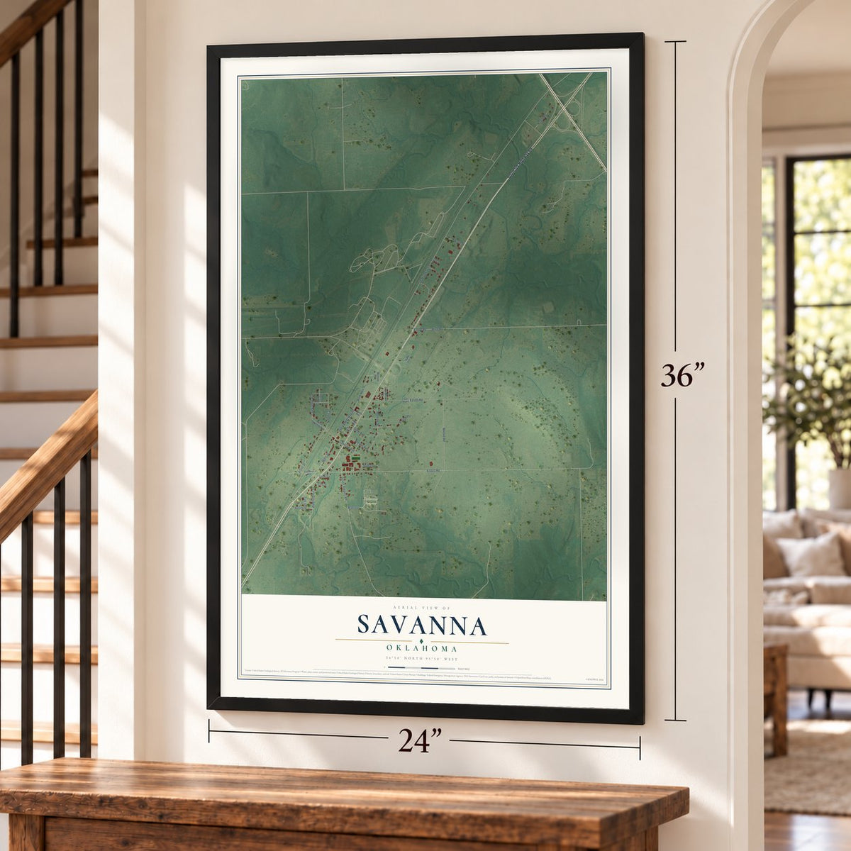 Savanna, Oklahoma map, 24 x 36 inch print in a black frame by a staircase