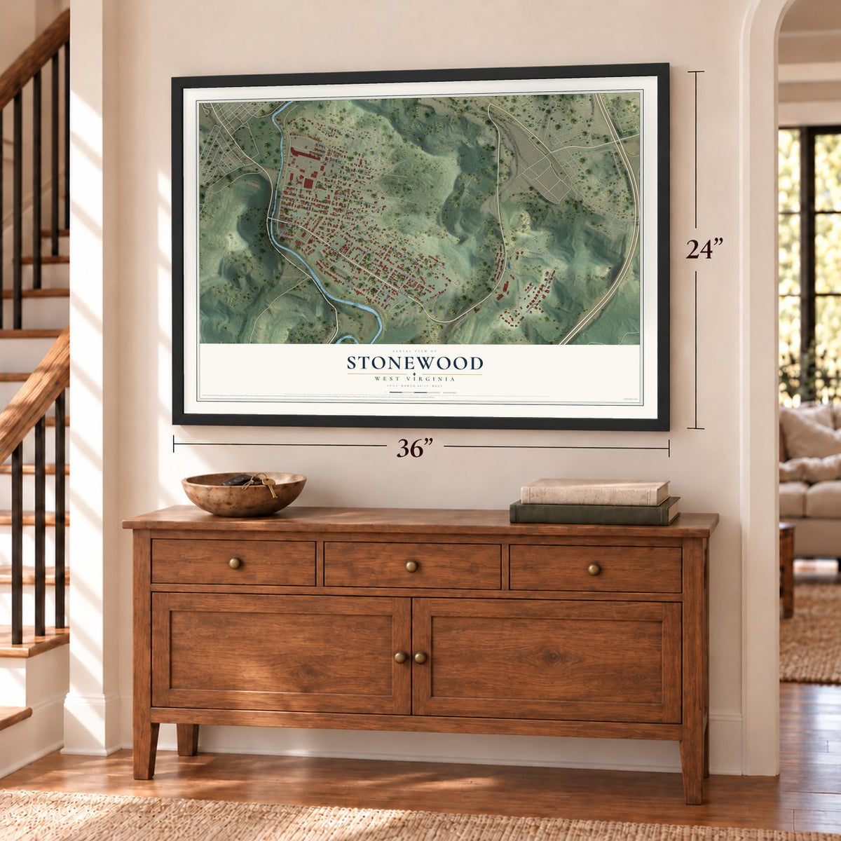 Stonewood, West Virginia map, 24 x 36 inch print in a black frame above a dresser by a staircase