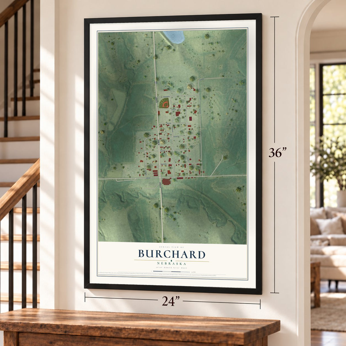 Burchard, Nebraska map, 24 x 36 inch print in a black frame by a staircase