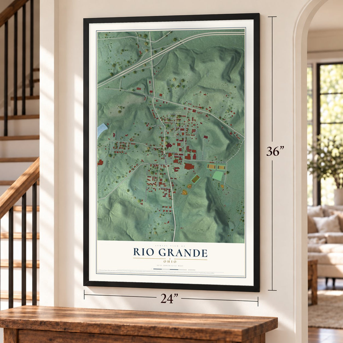 Rio Grande, Ohio map, 24 x 36 inch print in a black frame by a staircase