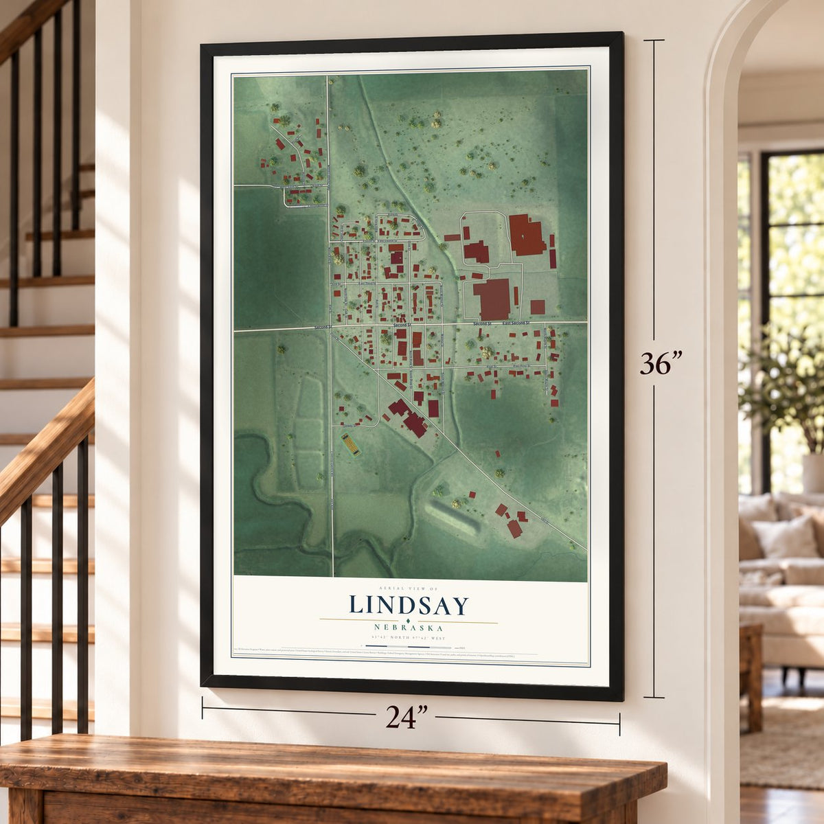 Lindsay, Nebraska map, 24 x 36 inch print in a black frame by a staircase