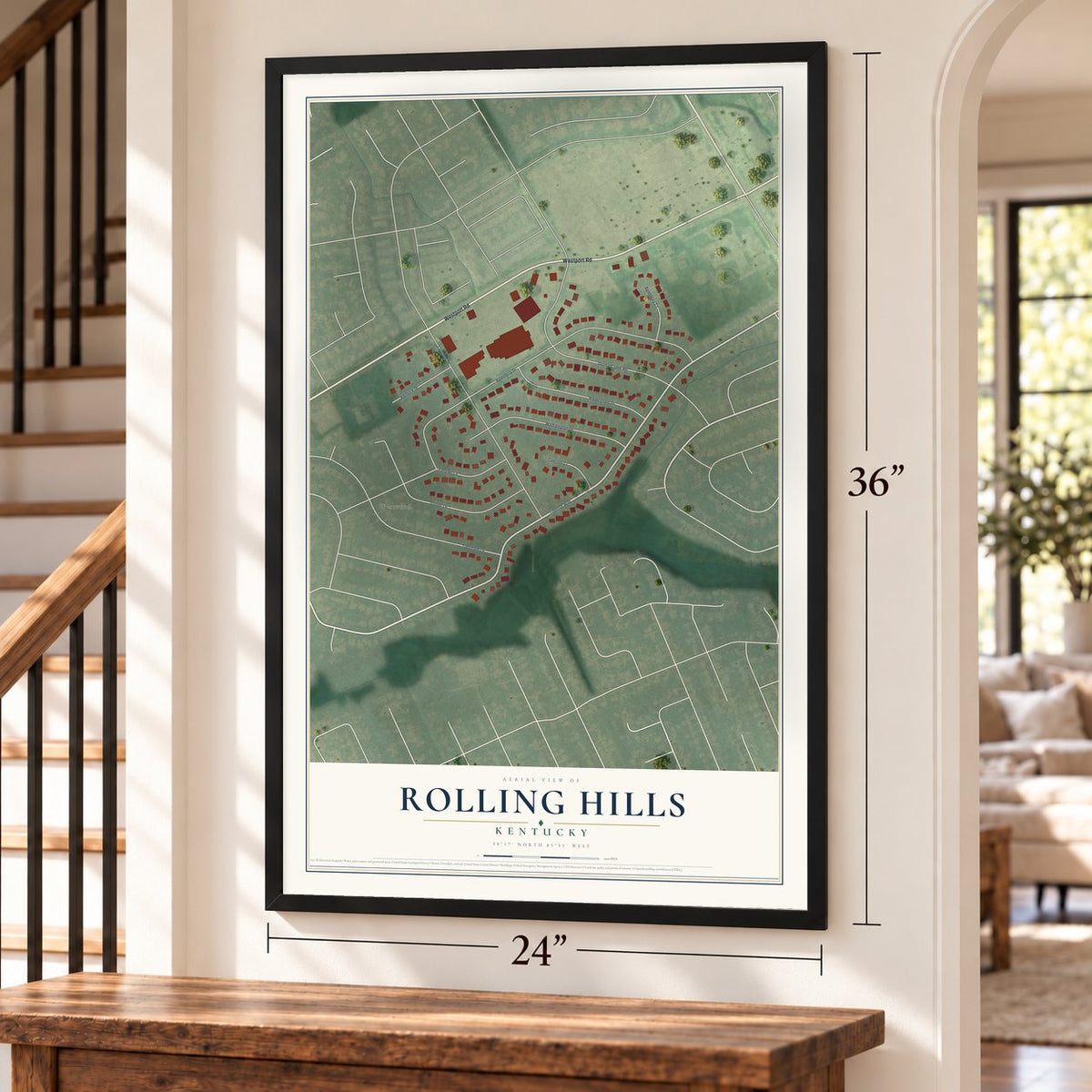 Rolling Hills, Kentucky map, 24 x 36 inch print in a black frame by a staircase