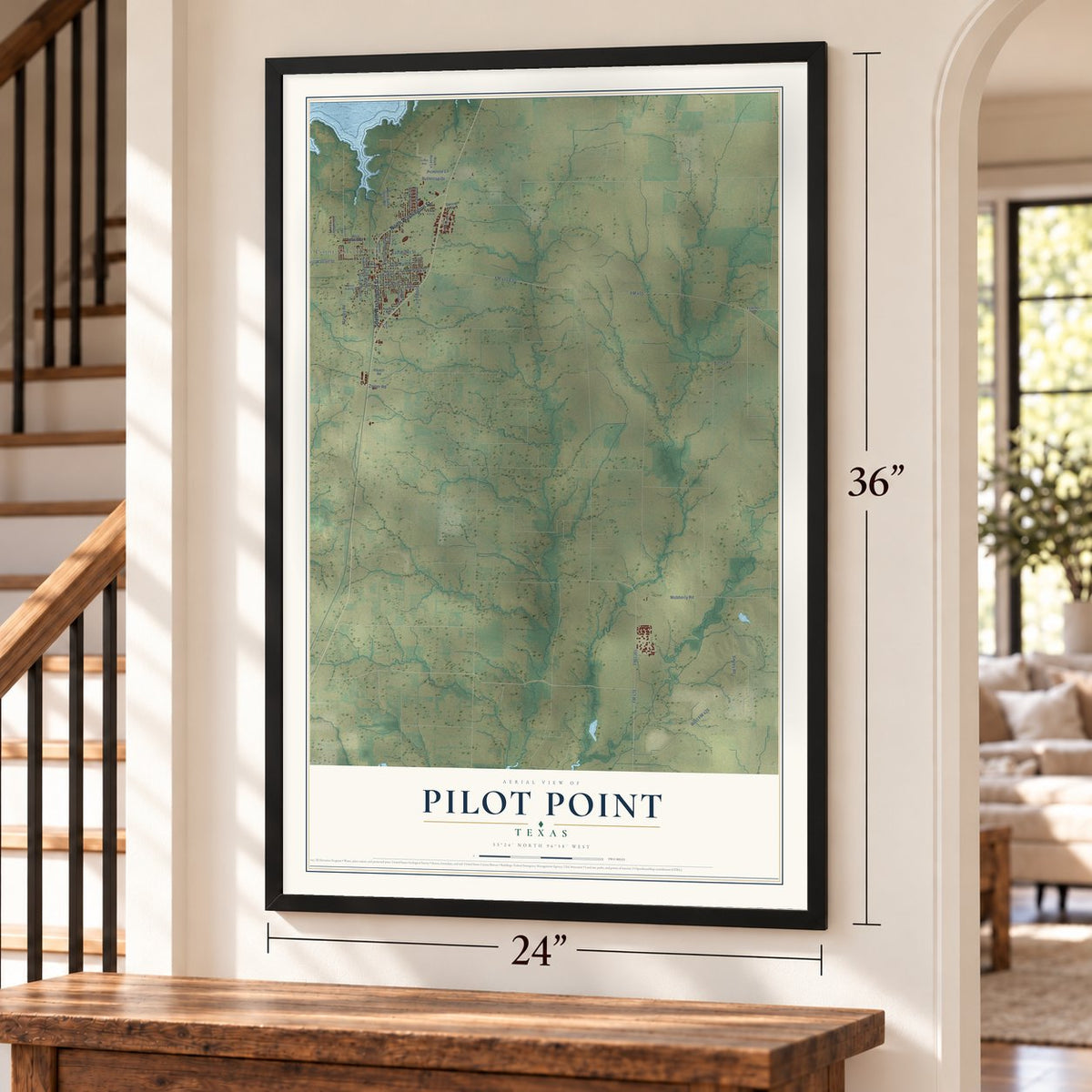 Pilot Point, Texas map, 24 x 36 inch print in a black frame by a staircase