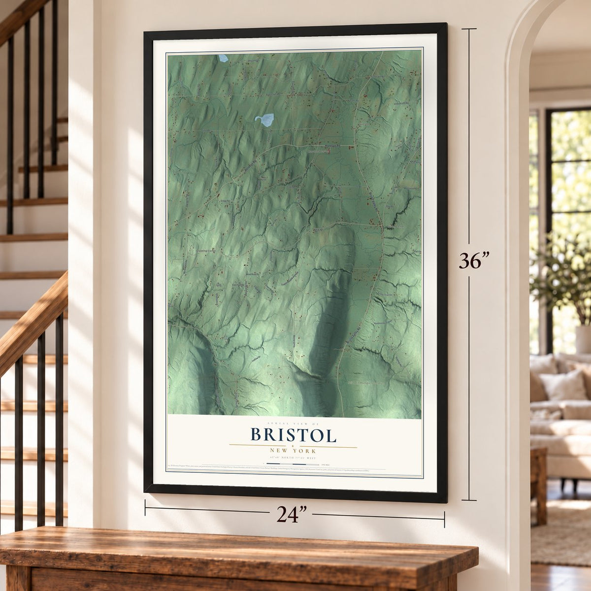 Bristol, New York map, 24 x 36 inch print in a black frame by a staircase