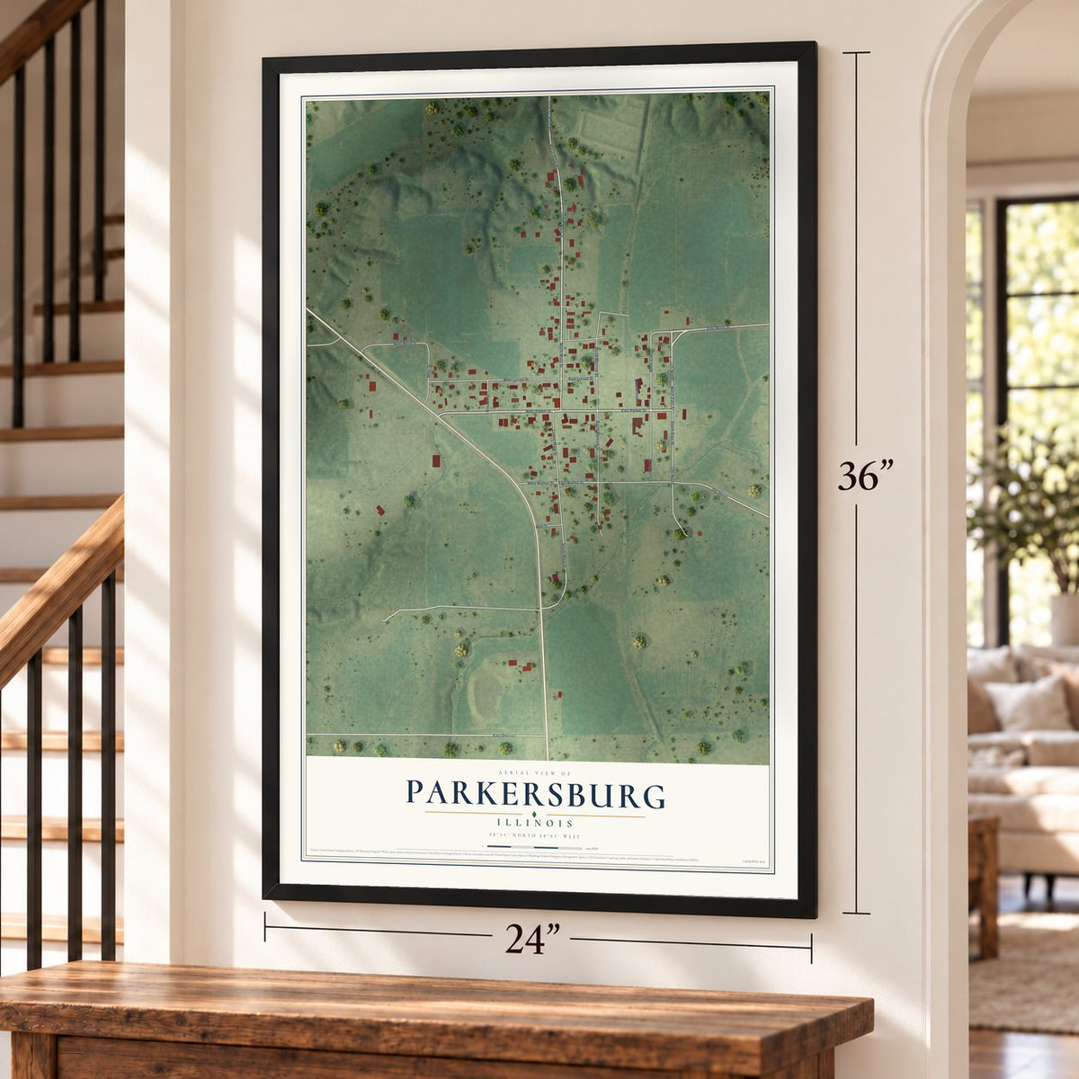 Parkersburg, Illinois map, 24 x 36 inch print in a black frame by a staircase