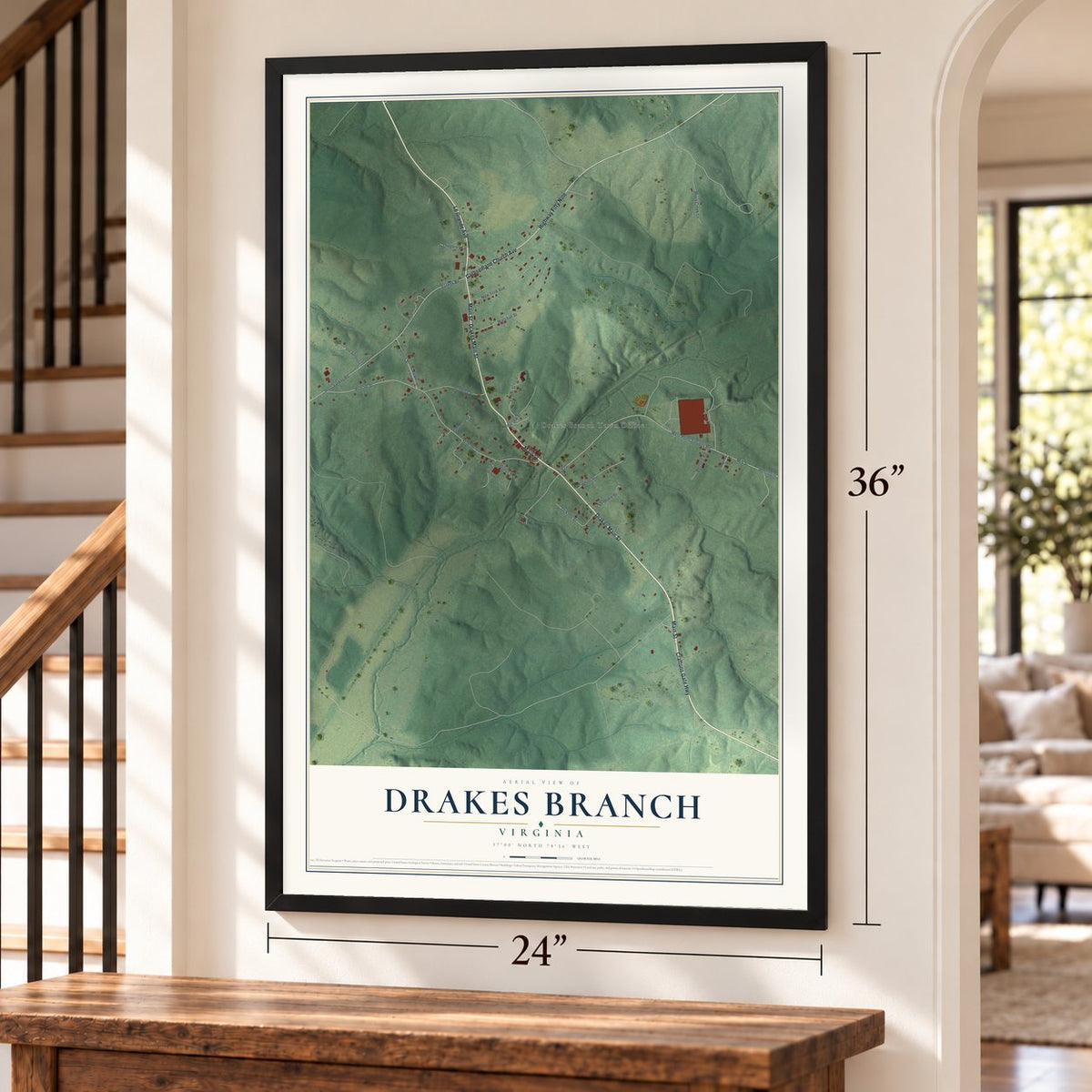 Drakes Branch, Virginia map, 24 x 36 inch print in a black frame by a staircase