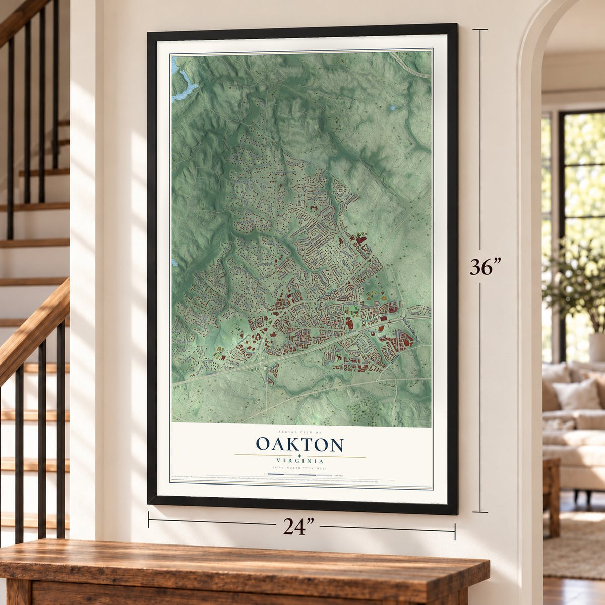 Oakton, Virginia map, 24 x 36 inch print in a black frame by a staircase