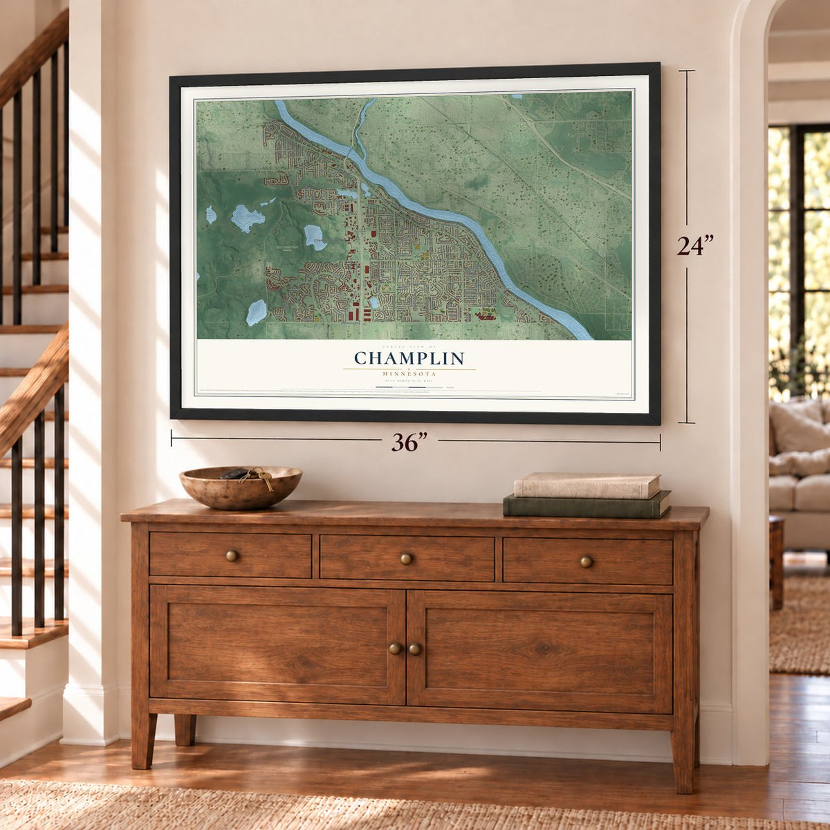 Champlin, Minnesota map, 24 x 36 inch print in a black frame above a dresser by a staircase