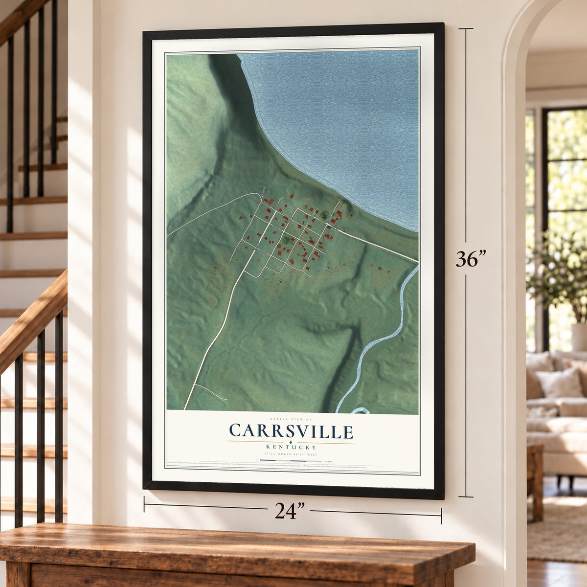 Carrsville, Kentucky map, 24 x 36 inch print in a black frame by a staircase