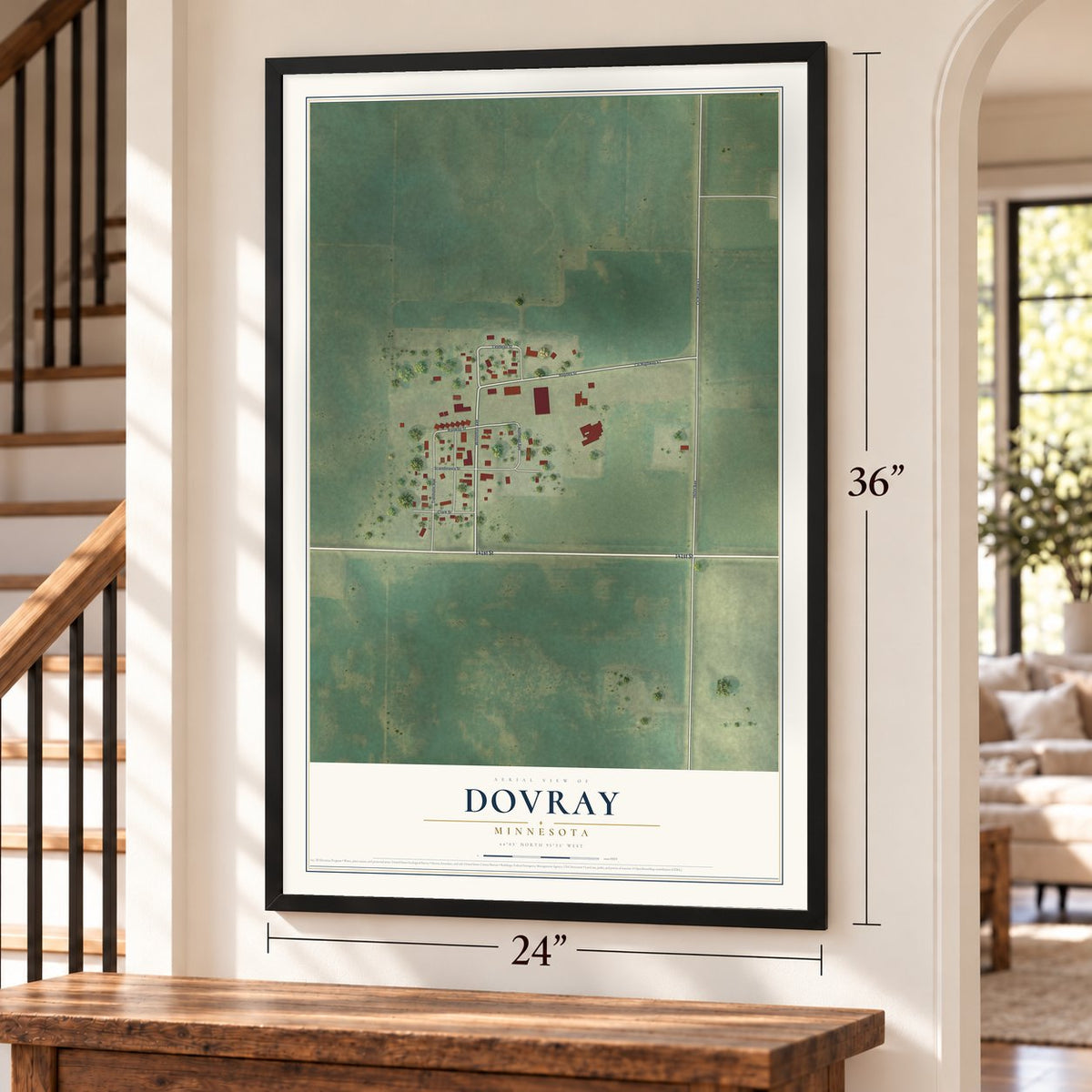 Dovray, Minnesota map, 24 x 36 inch print in a black frame by a staircase