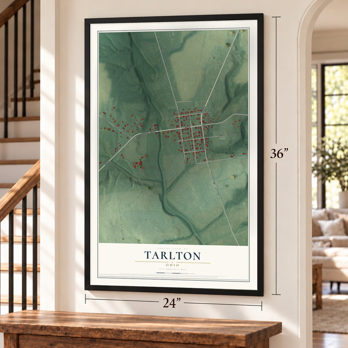 Tarlton, Ohio map, 24 x 36 inch print in a black frame by a staircase