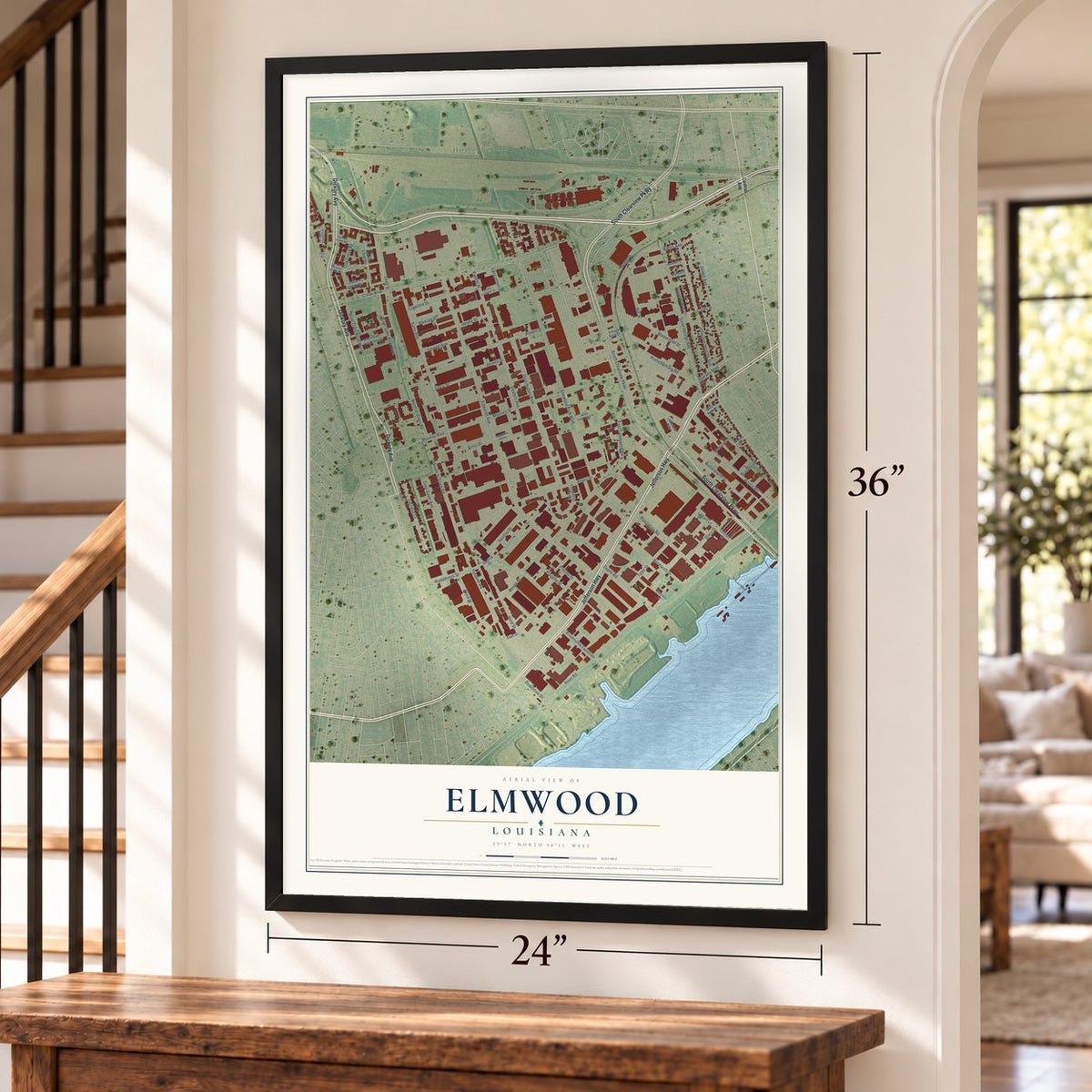 Elmwood, Louisiana map, 24 x 36 inch print in a black frame by a staircase