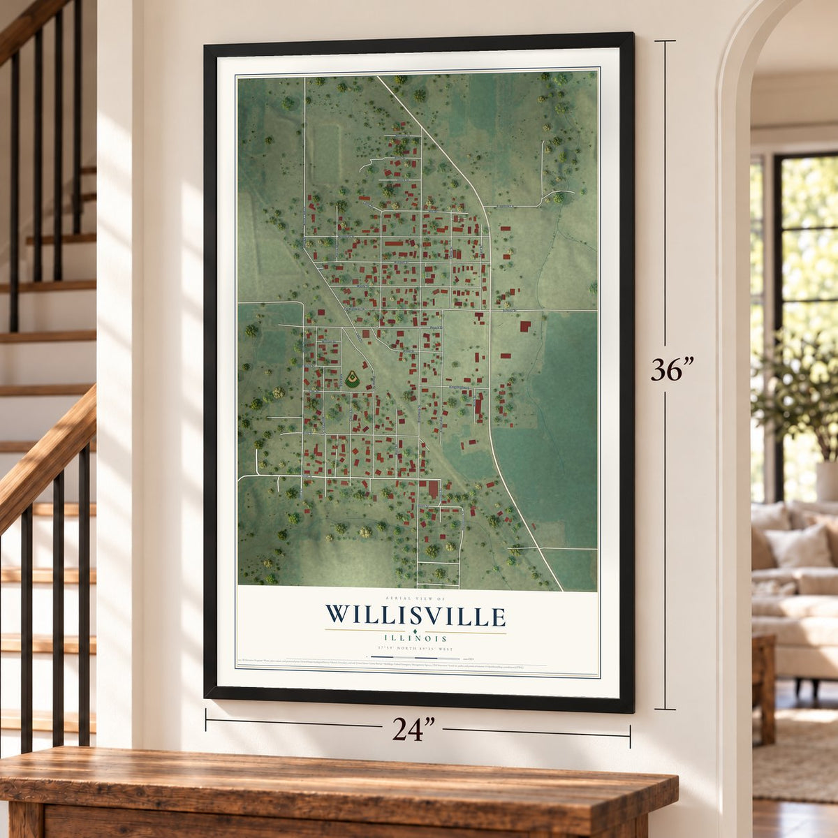 Willisville, Illinois map, 24 x 36 inch print in a black frame by a staircase