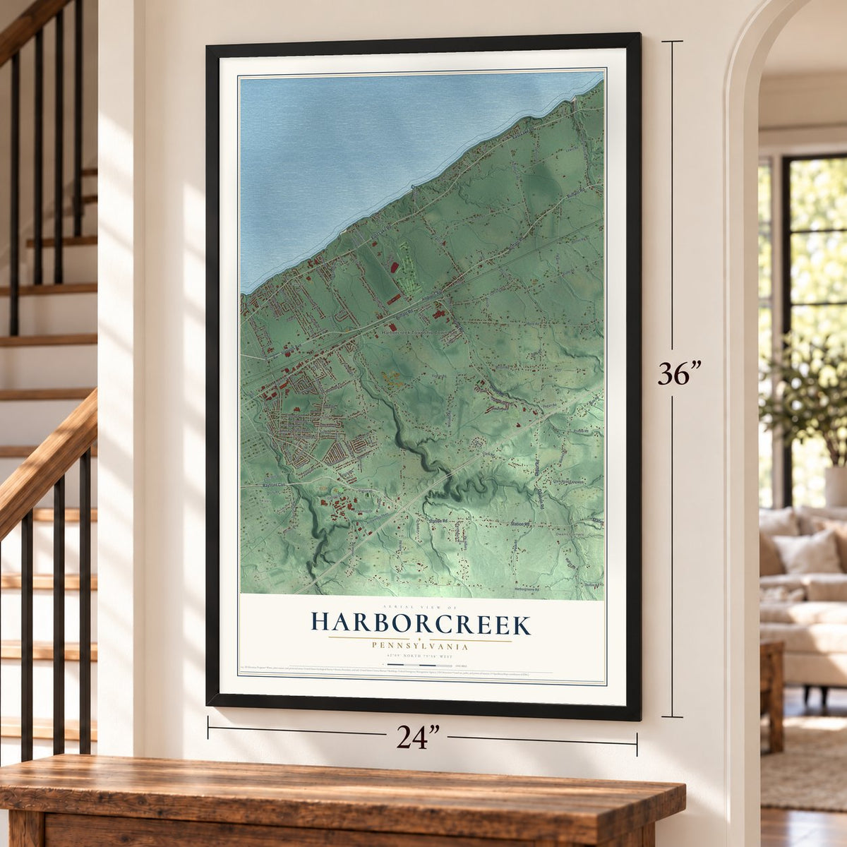 Harborcreek, Pennsylvania map, 24 x 36 inch print in a black frame by a staircase