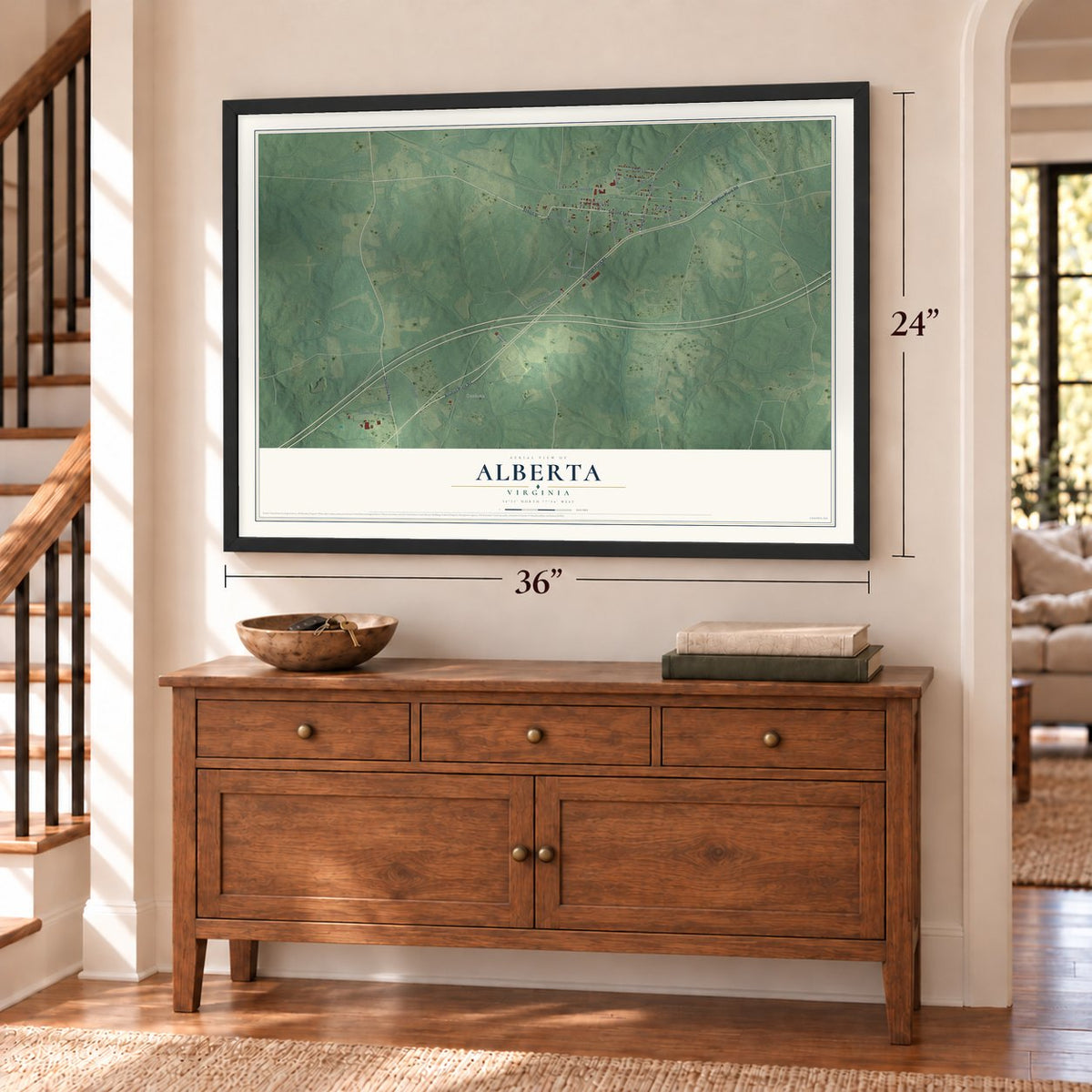 Alberta, Virginia map, 24 x 36 inch print in a black frame above a dresser by a staircase