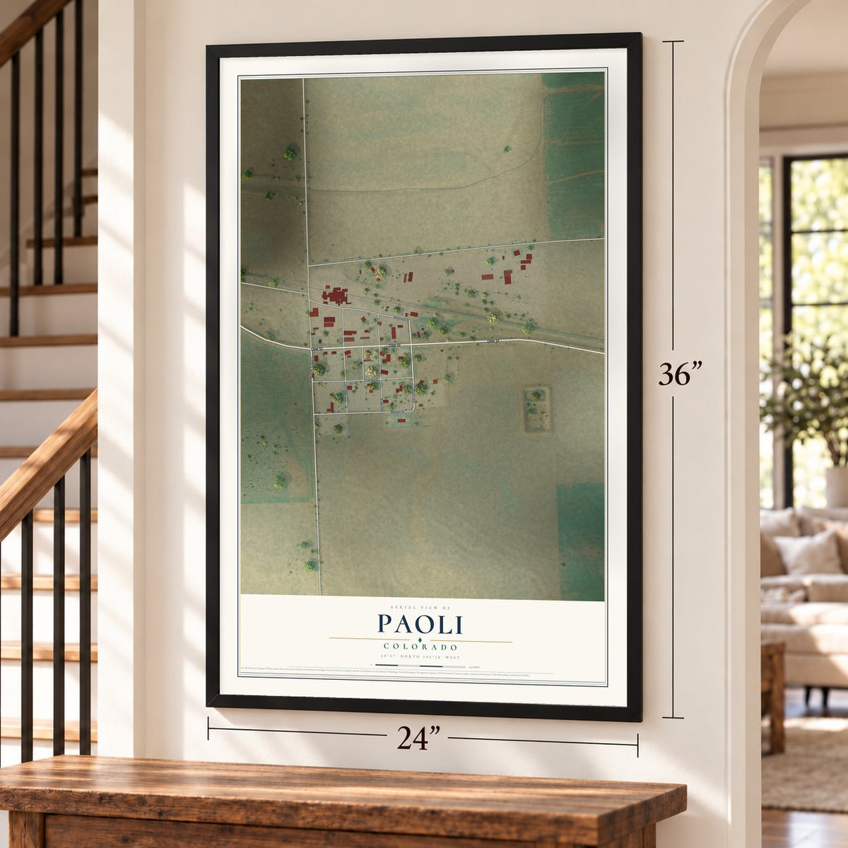 Paoli, Colorado map, 24 x 36 inch print in a black frame by a staircase
