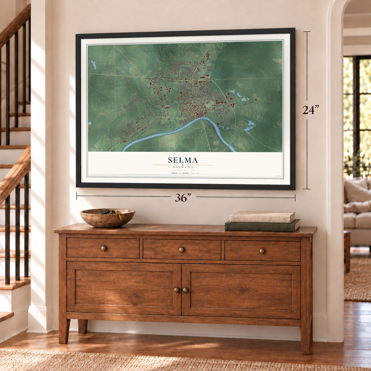 Selma, Alabama map, 24 x 36 inch print in a black frame above a dresser by a staircase