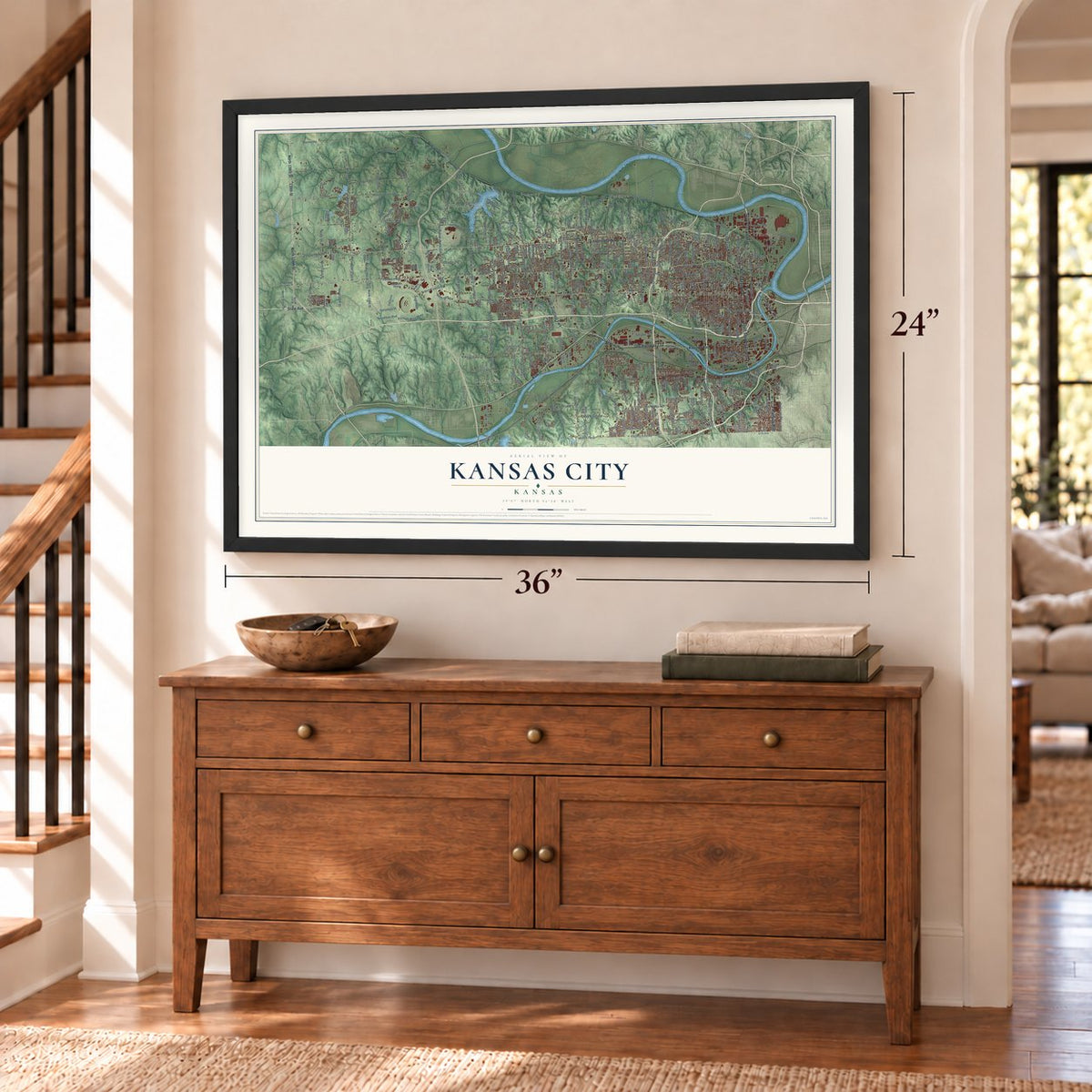 Kansas City, Kansas map, 24 x 36 inch print in a black frame above a dresser by a staircase