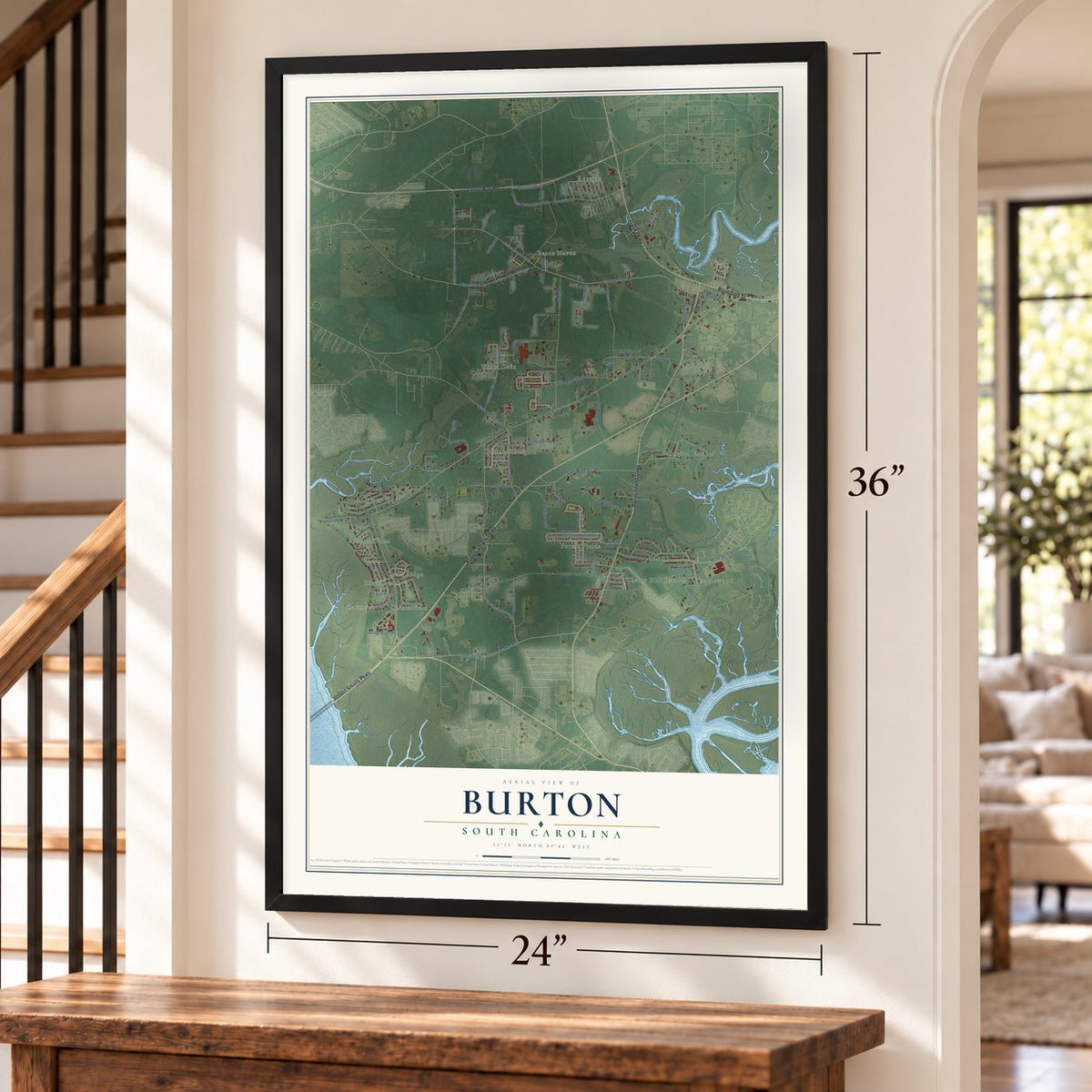 Burton, South Carolina map, 24 x 36 inch print in a black frame by a staircase