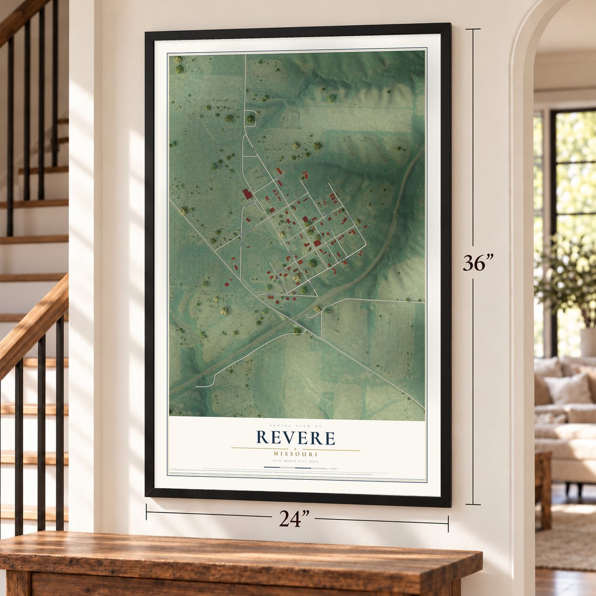 Revere, Missouri map, 24 x 36 inch print in a black frame by a staircase
