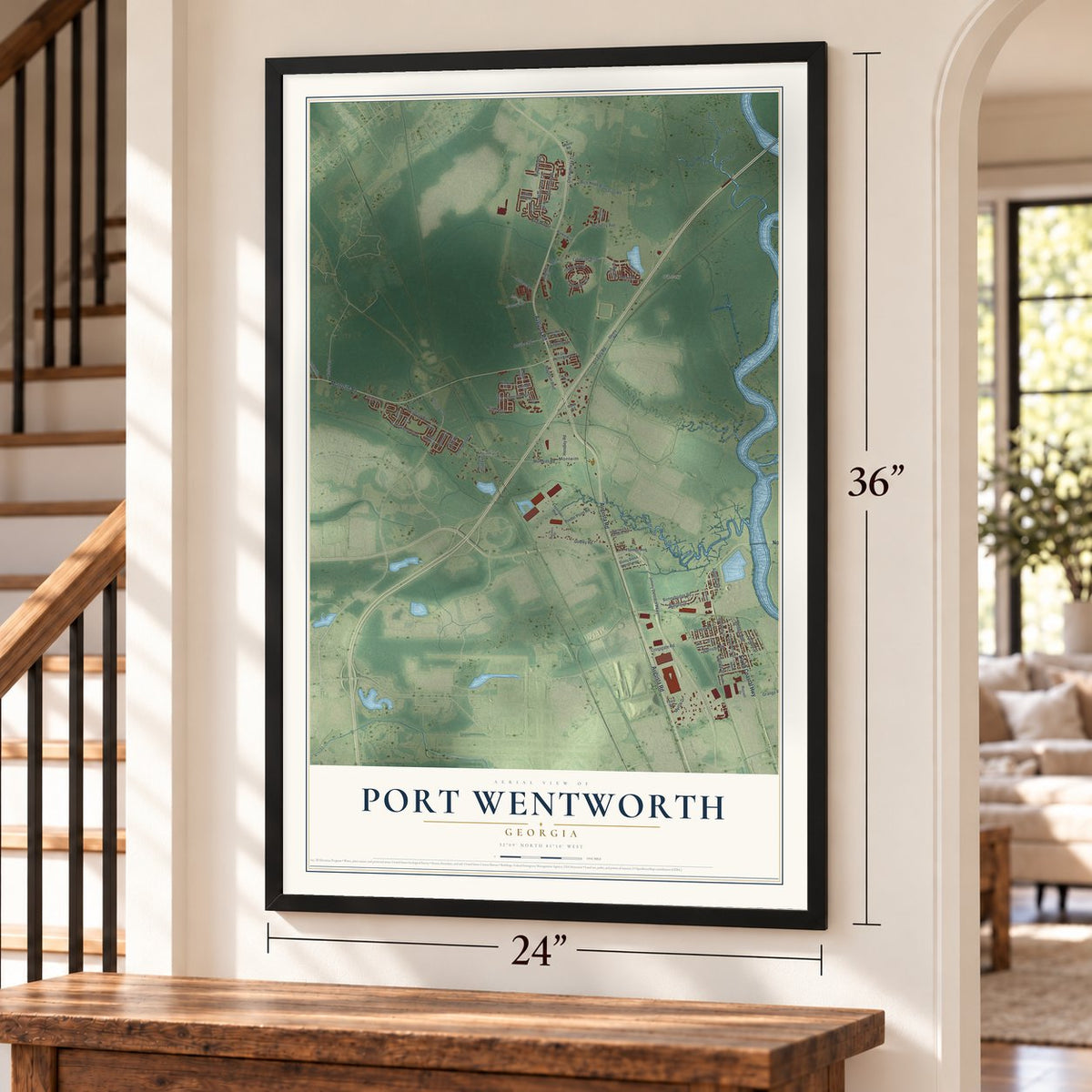 Port Wentworth, Georgia map, 24 x 36 inch print in a black frame by a staircase