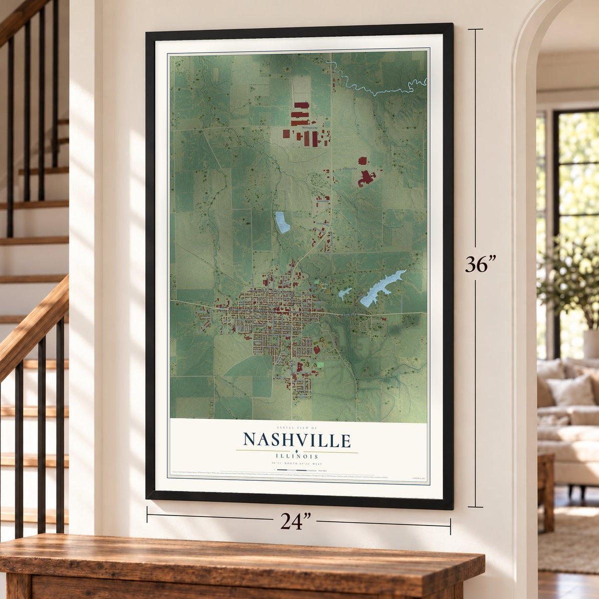 Nashville, Illinois map, 24 x 36 inch print in a black frame by a staircase