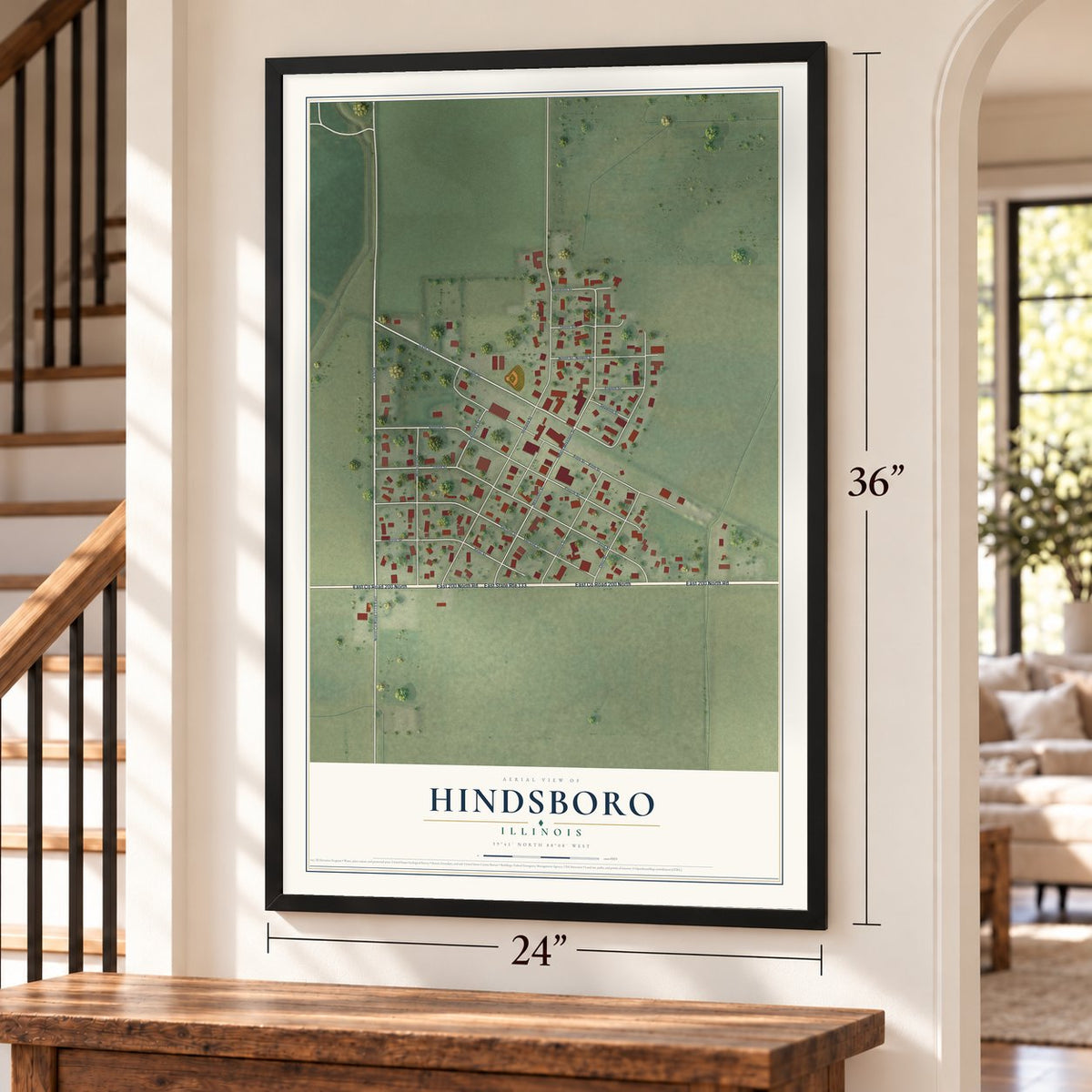 Hindsboro, Illinois map, 24 x 36 inch print in a black frame by a staircase