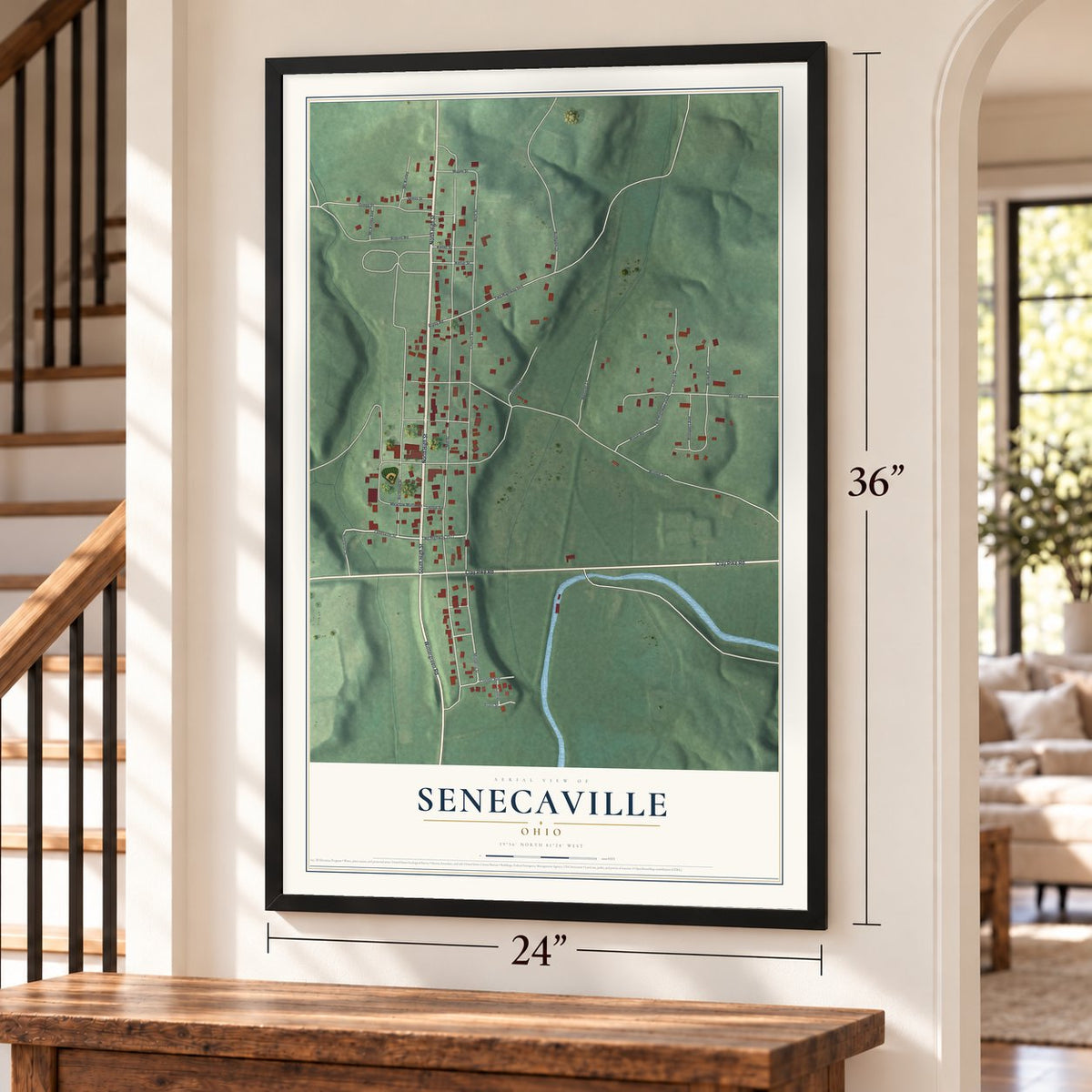 Senecaville, Ohio map, 24 x 36 inch print in a black frame by a staircase