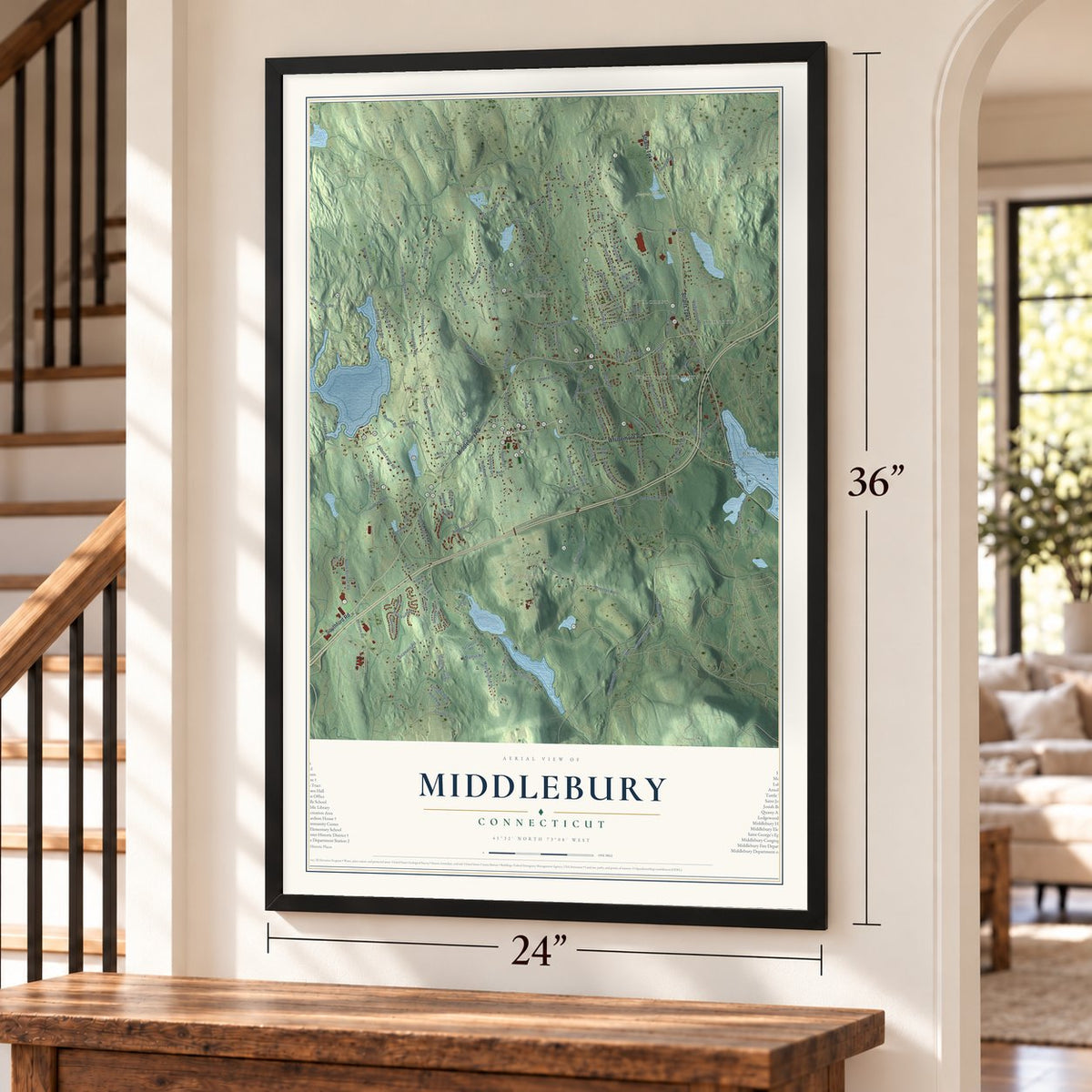 Middlebury, Connecticut map, 24 x 36 inch print in a black frame by a staircase