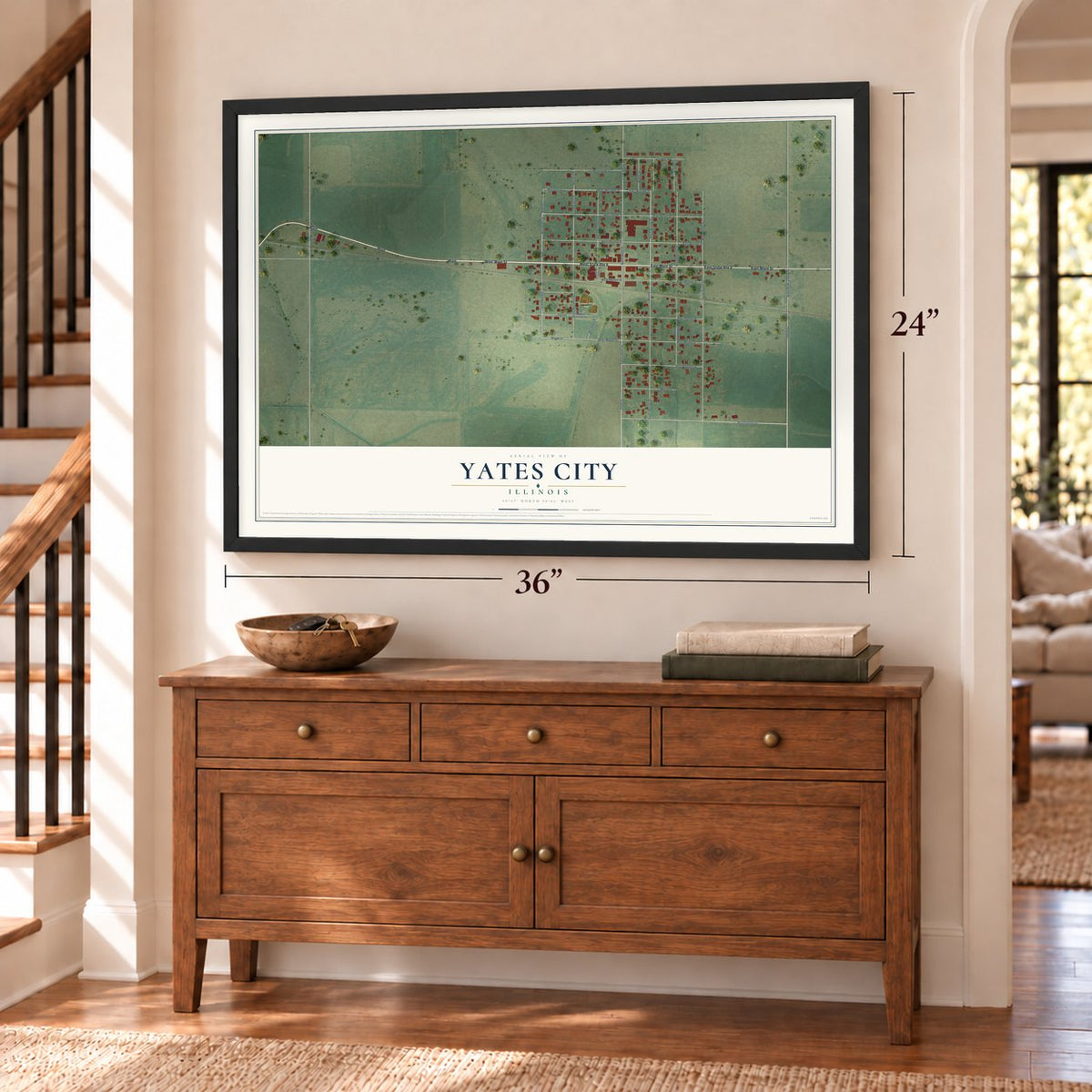 Yates City, Illinois map, 24 x 36 inch print in a black frame above a dresser by a staircase