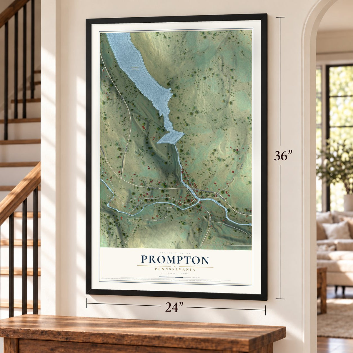 Prompton, Pennsylvania map, 24 x 36 inch print in a black frame by a staircase