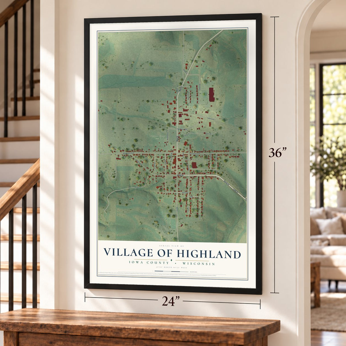 Highland, Wisconsin map, 24 x 36 inch print in a black frame by a staircase