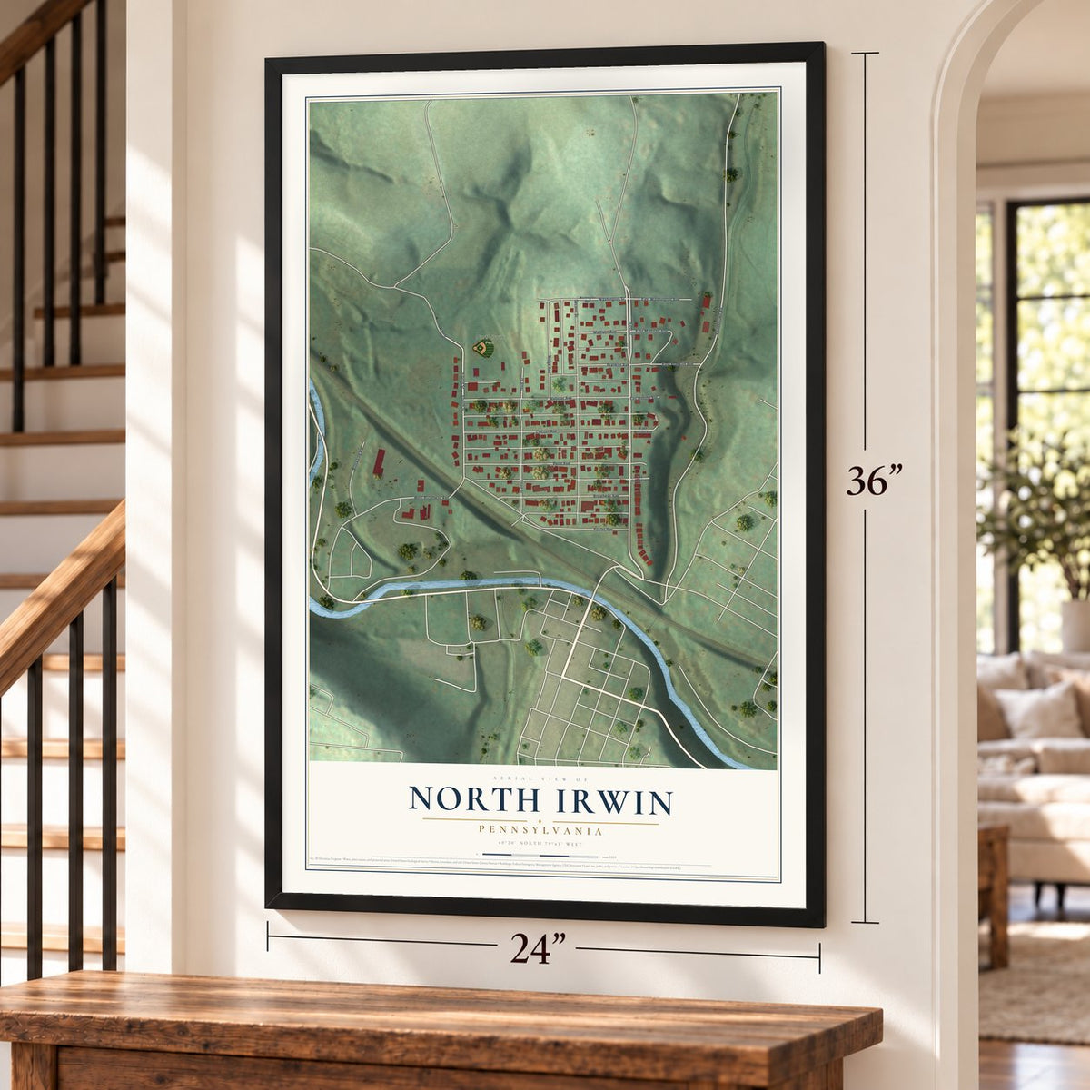 North Irwin, Pennsylvania map, 24 x 36 inch print in a black frame by a staircase