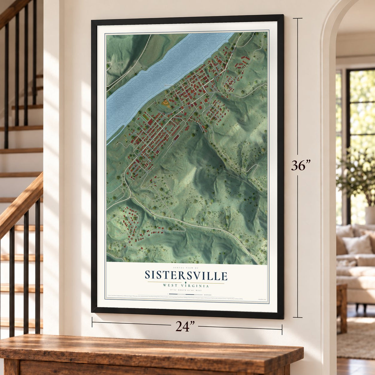 Sistersville, West Virginia map, 24 x 36 inch print in a black frame by a staircase