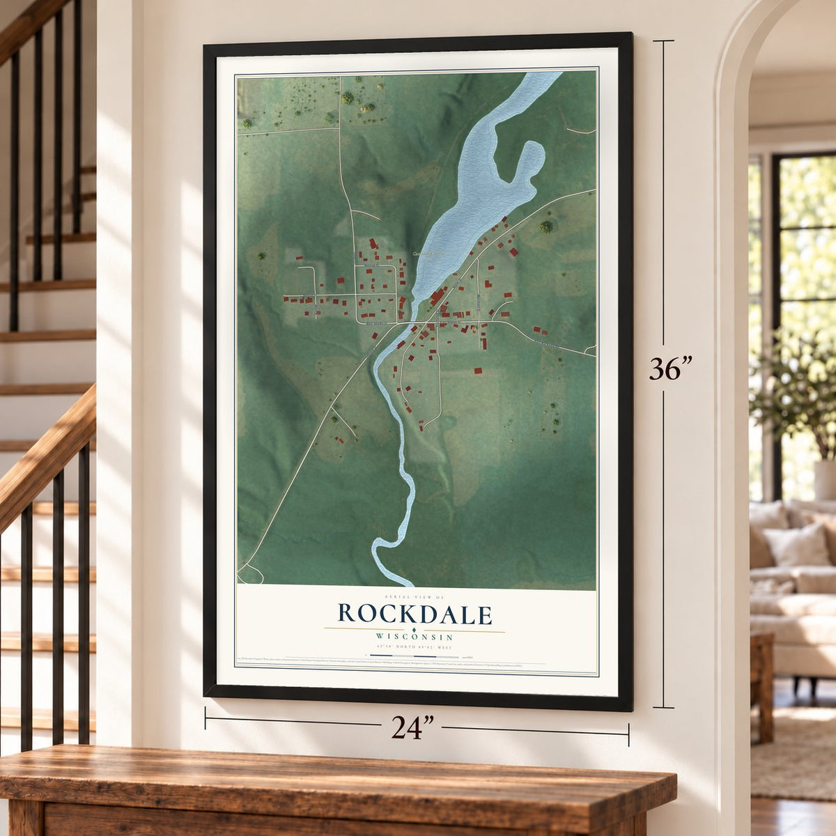 Rockdale, Wisconsin map, 24 x 36 inch print in a black frame by a staircase