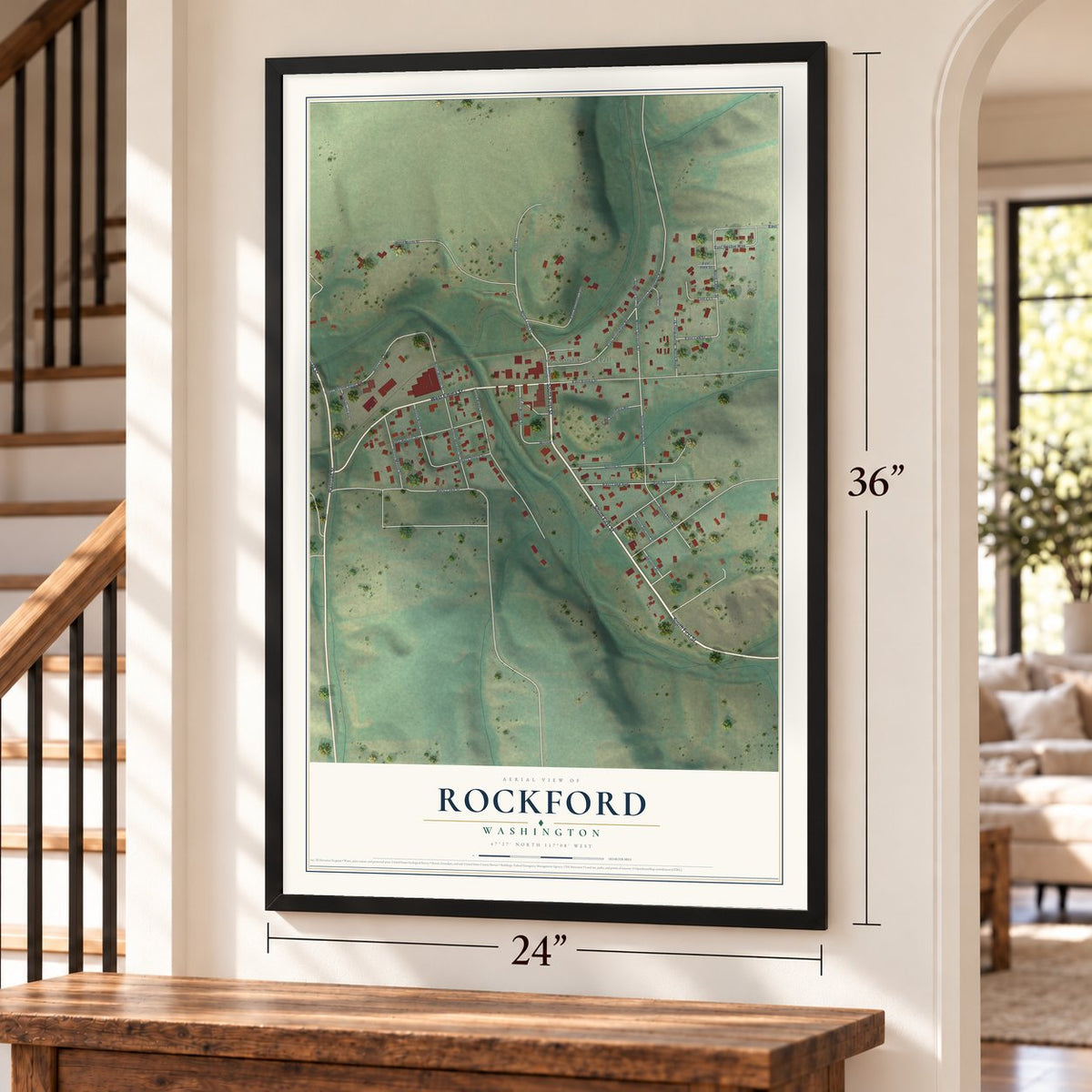 Rockford, Washington map, 24 x 36 inch print in a black frame by a staircase