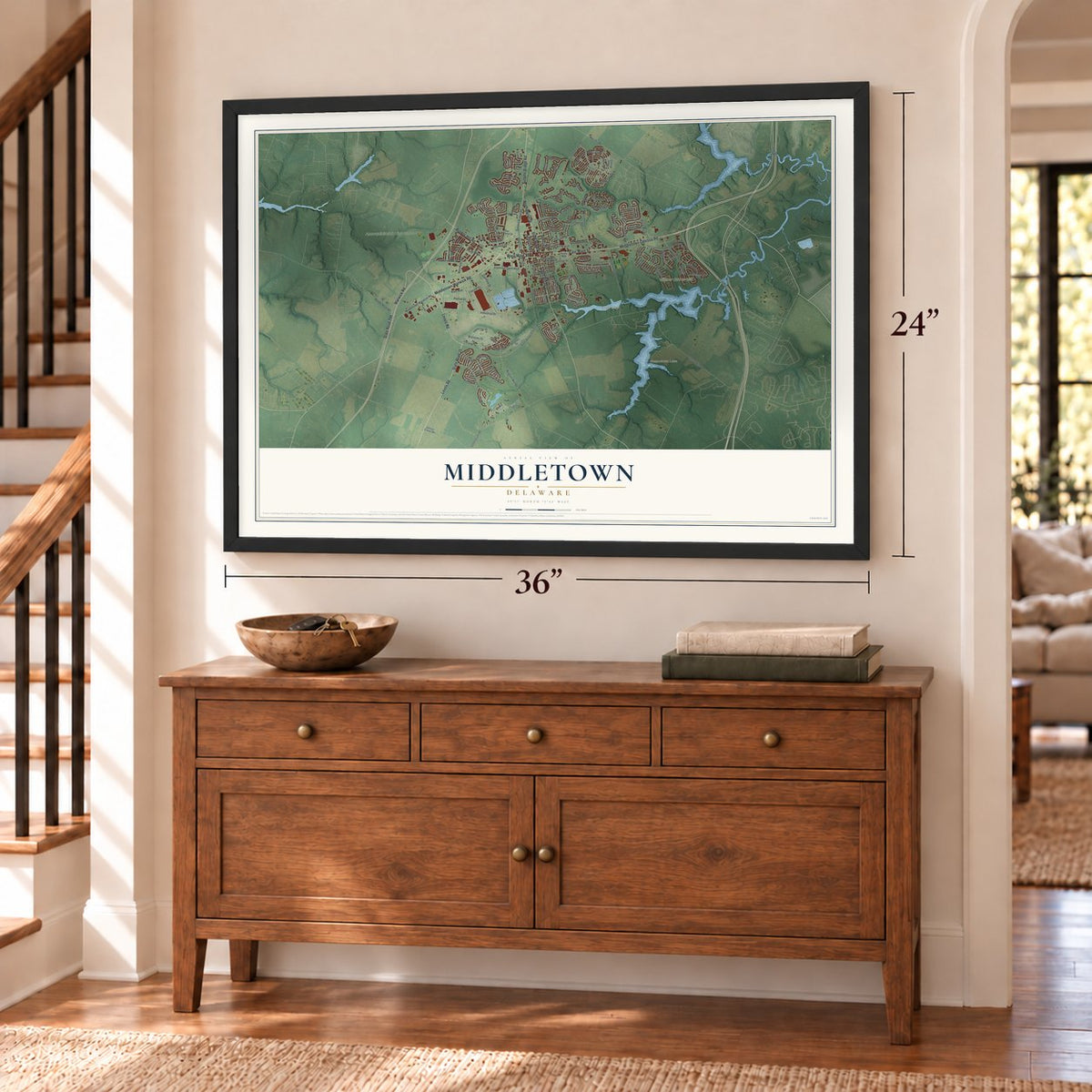 Middletown, Delaware map, 24 x 36 inch print in a black frame above a dresser by a staircase