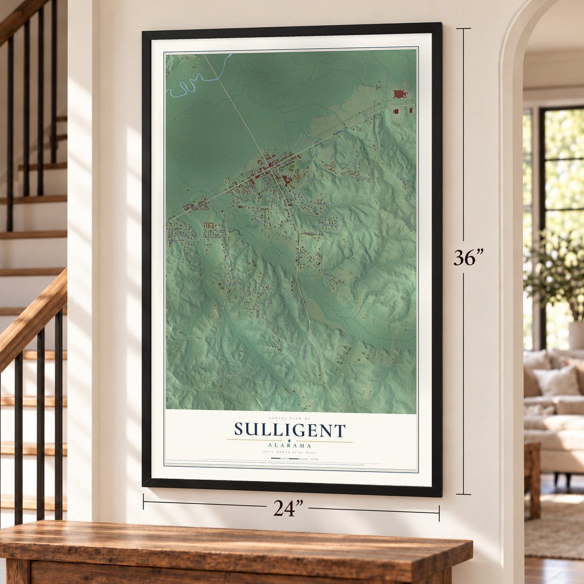 Sulligent, Alabama map, 24 x 36 inch print in a black frame by a staircase