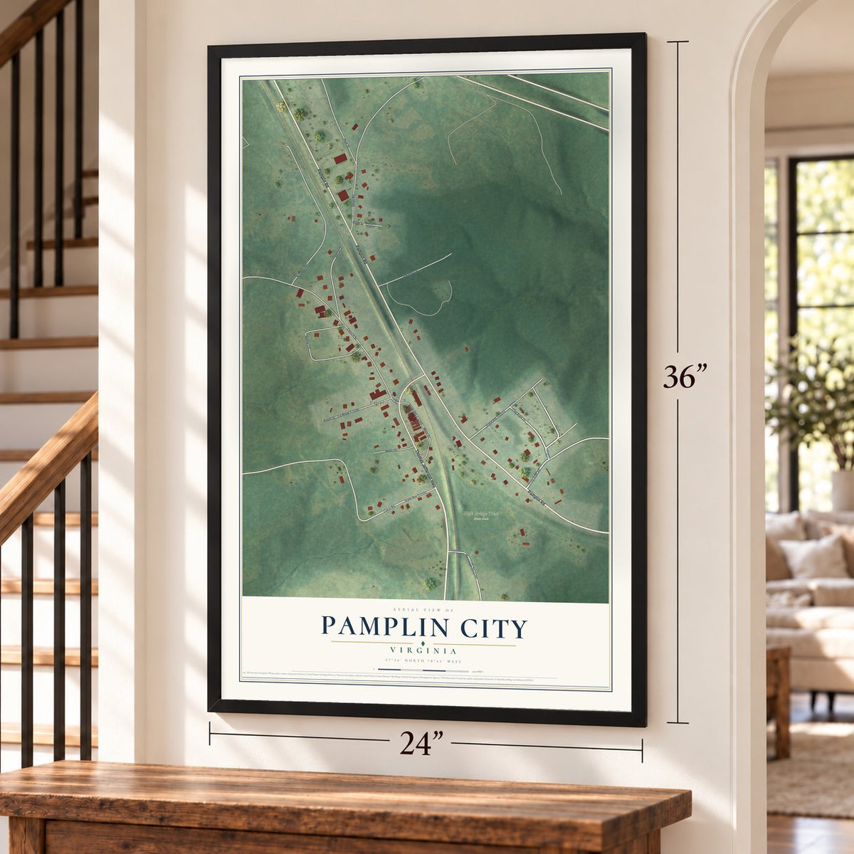 Pamplin City, Virginia map, 24 x 36 inch print in a black frame by a staircase
