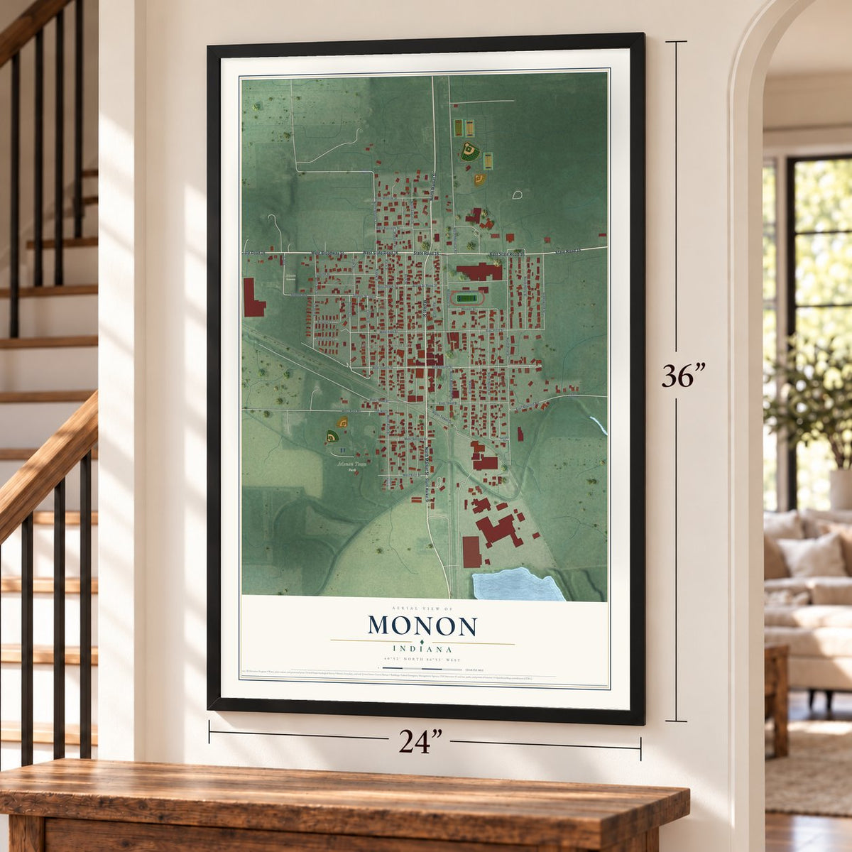 Monon, Indiana map, 24 x 36 inch print in a black frame by a staircase