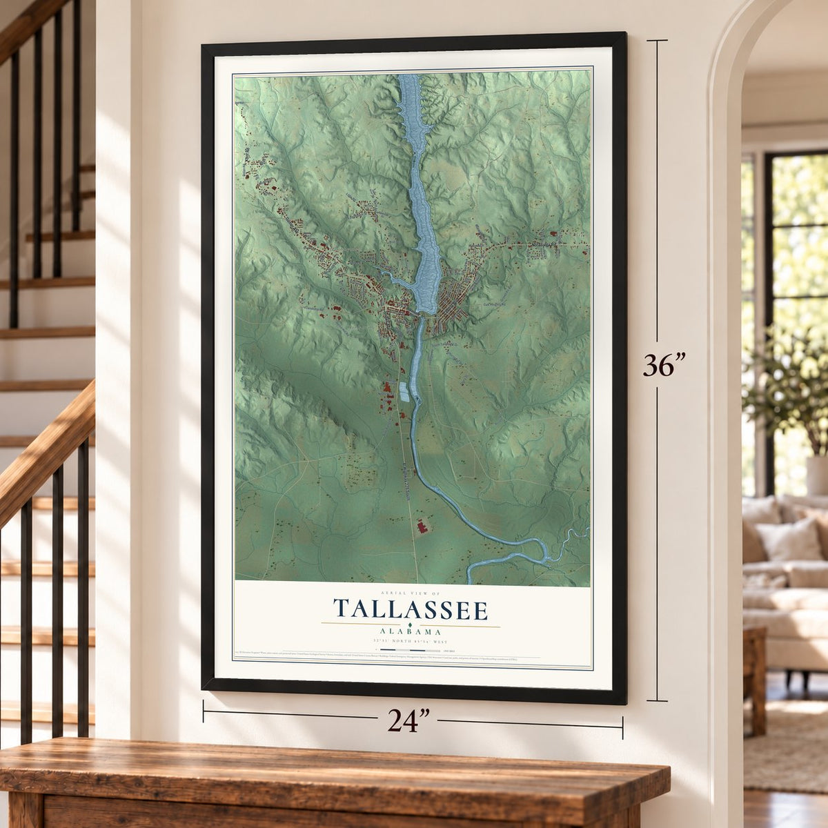 Tallassee, Alabama map, 24 x 36 inch print in a black frame by a staircase