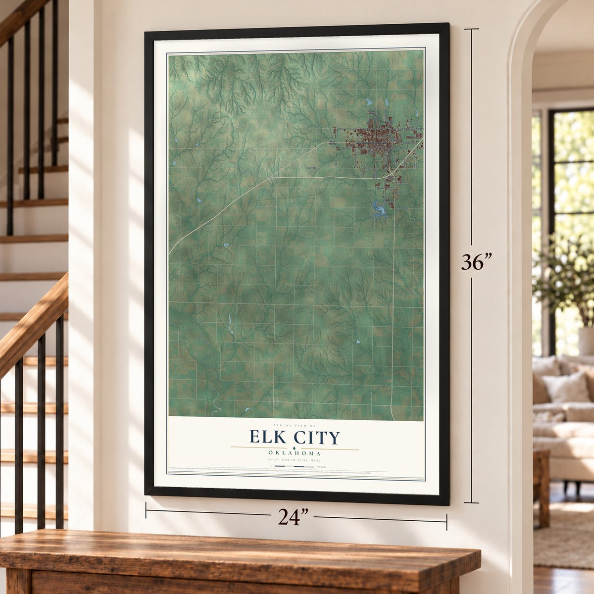 Elk City, Oklahoma map, 24 x 36 inch print in a black frame by a staircase
