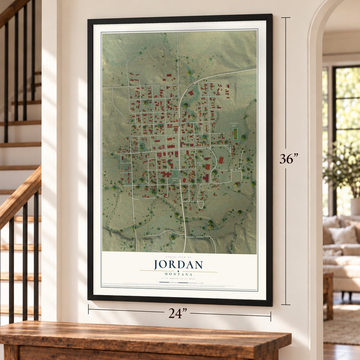 Jordan, Montana map, 24 x 36 inch print in a black frame by a staircase
