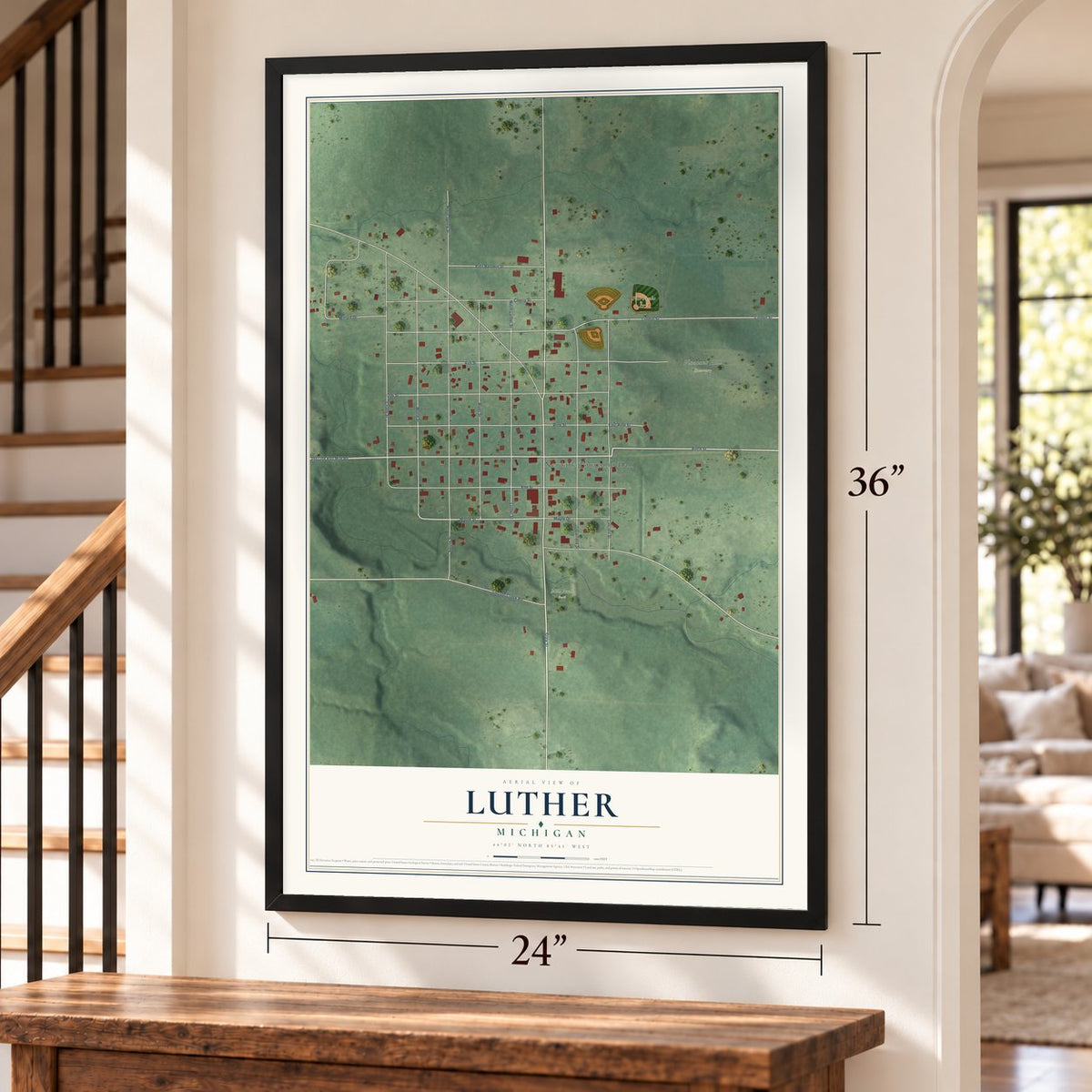 Luther, Michigan map, 24 x 36 inch print in a black frame by a staircase