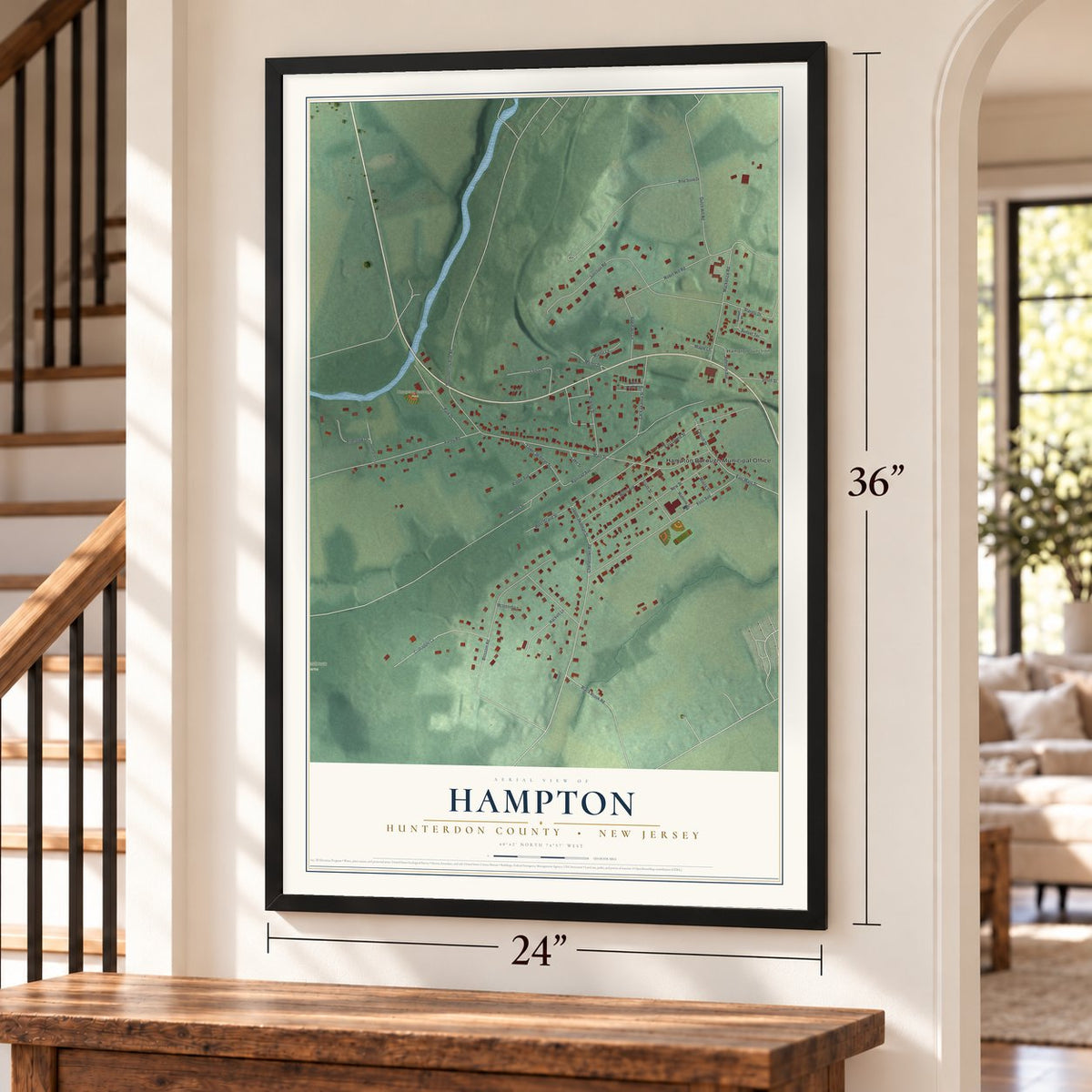 Hampton, Hunterdon County, New Jersey map, 24 x 36 inch print in a black frame by a staircase