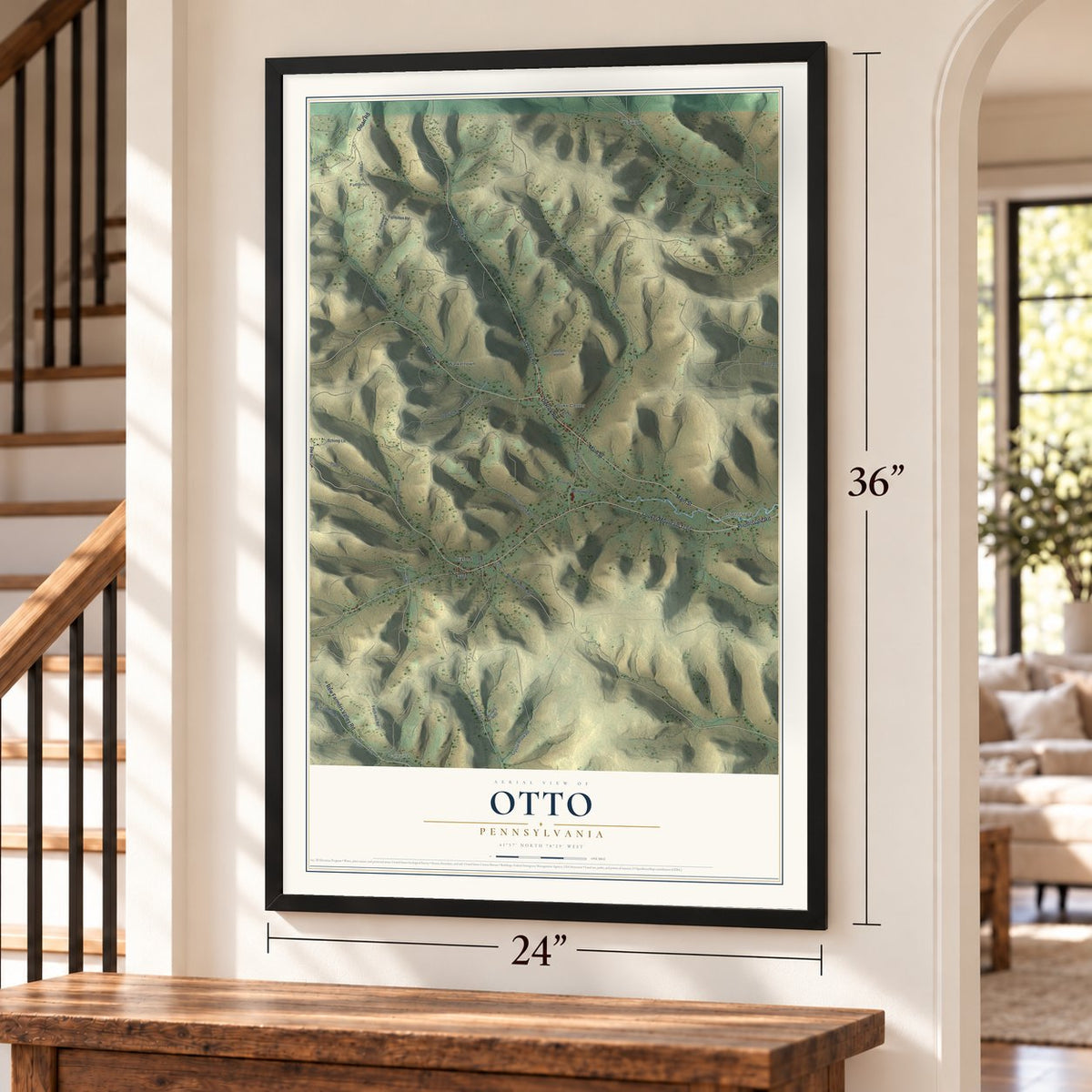 Otto, Pennsylvania map, 24 x 36 inch print in a black frame by a staircase