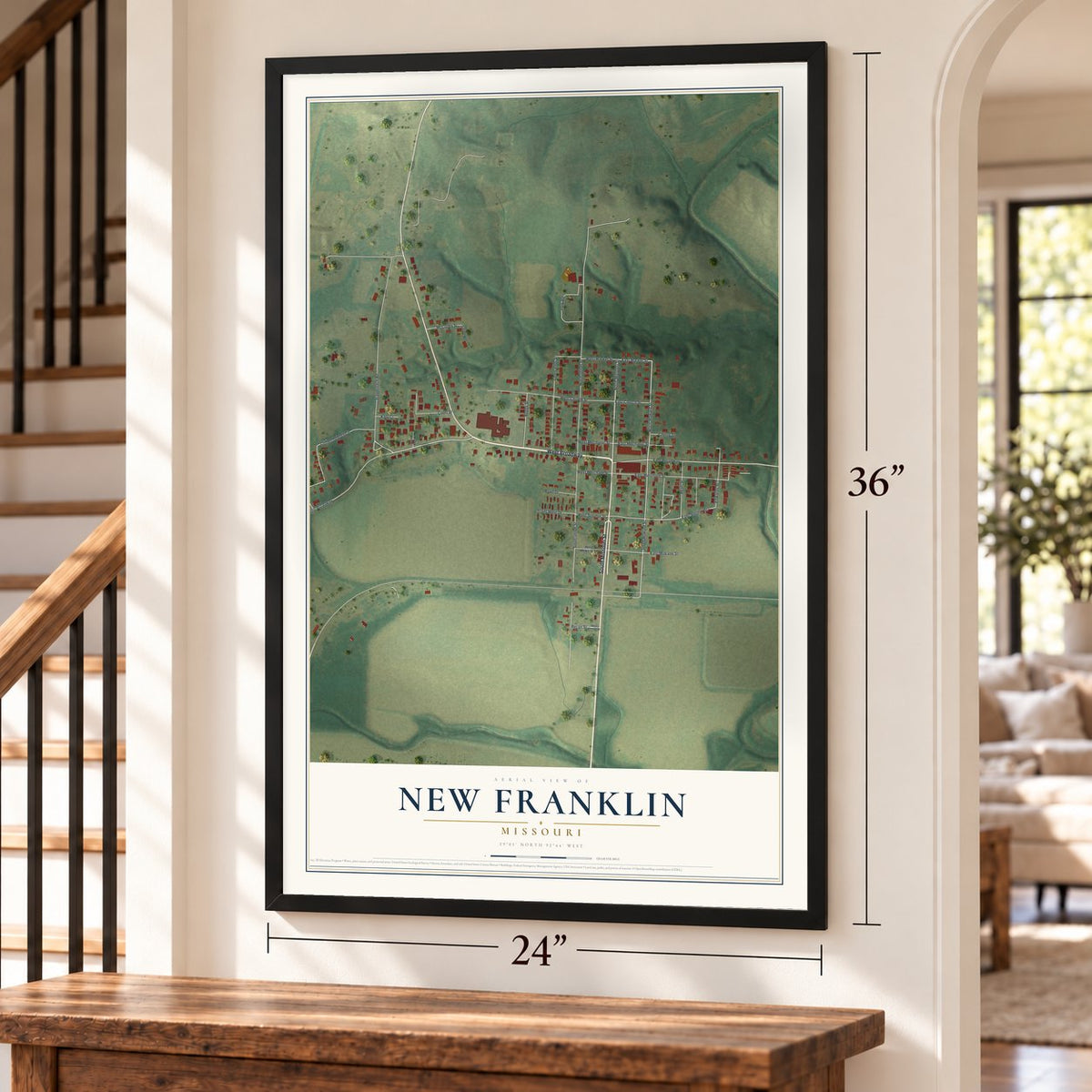 New Franklin, Missouri map, 24 x 36 inch print in a black frame by a staircase