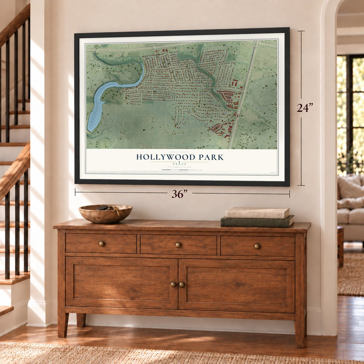 Hollywood Park, Texas map, 24 x 36 inch print in a black frame above a dresser by a staircase