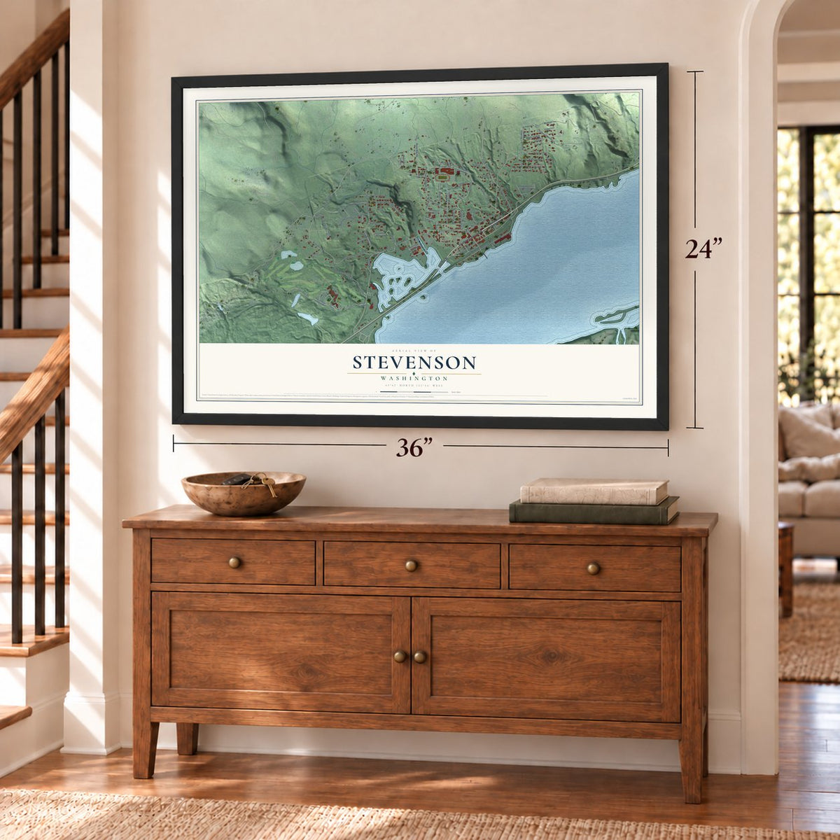 Stevenson, Washington map, 24 x 36 inch print in a black frame above a dresser by a staircase